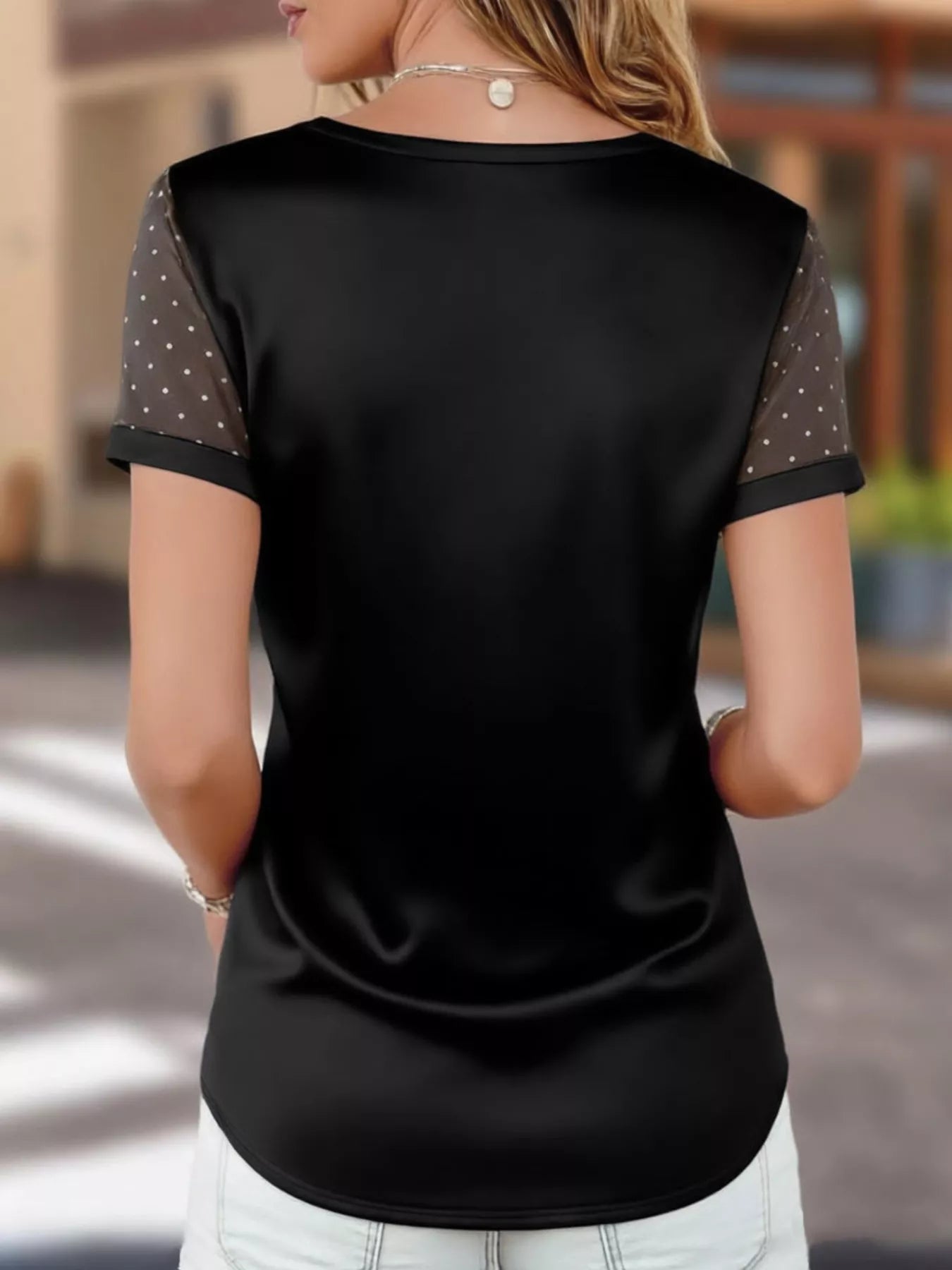 Satin V-Neck Sheer Short Sleeve Top Secondary image