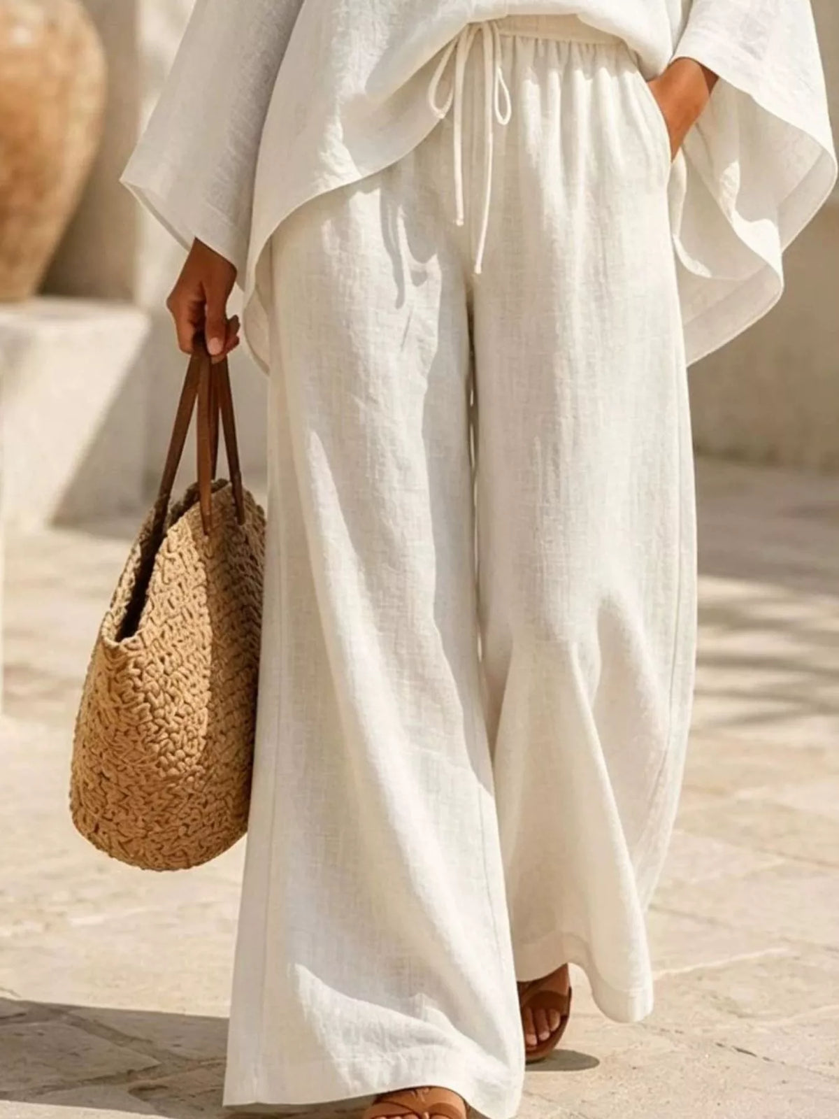 Full Size Loose Fit Top and Wide-Leg Pants Set Plus Size – White / Khaki - photo 3