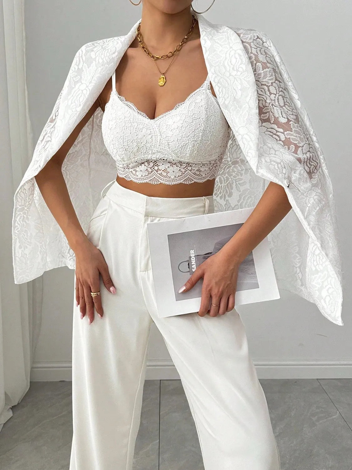 Lace Lapel Collar Long Sleeve Blazer - photo 5