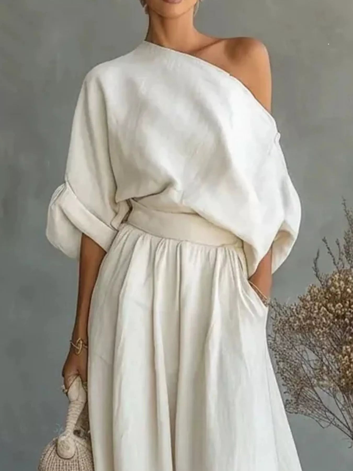 Full Size One Shoulder Top and Wide Leg Pants Set Plus Size Secondary image