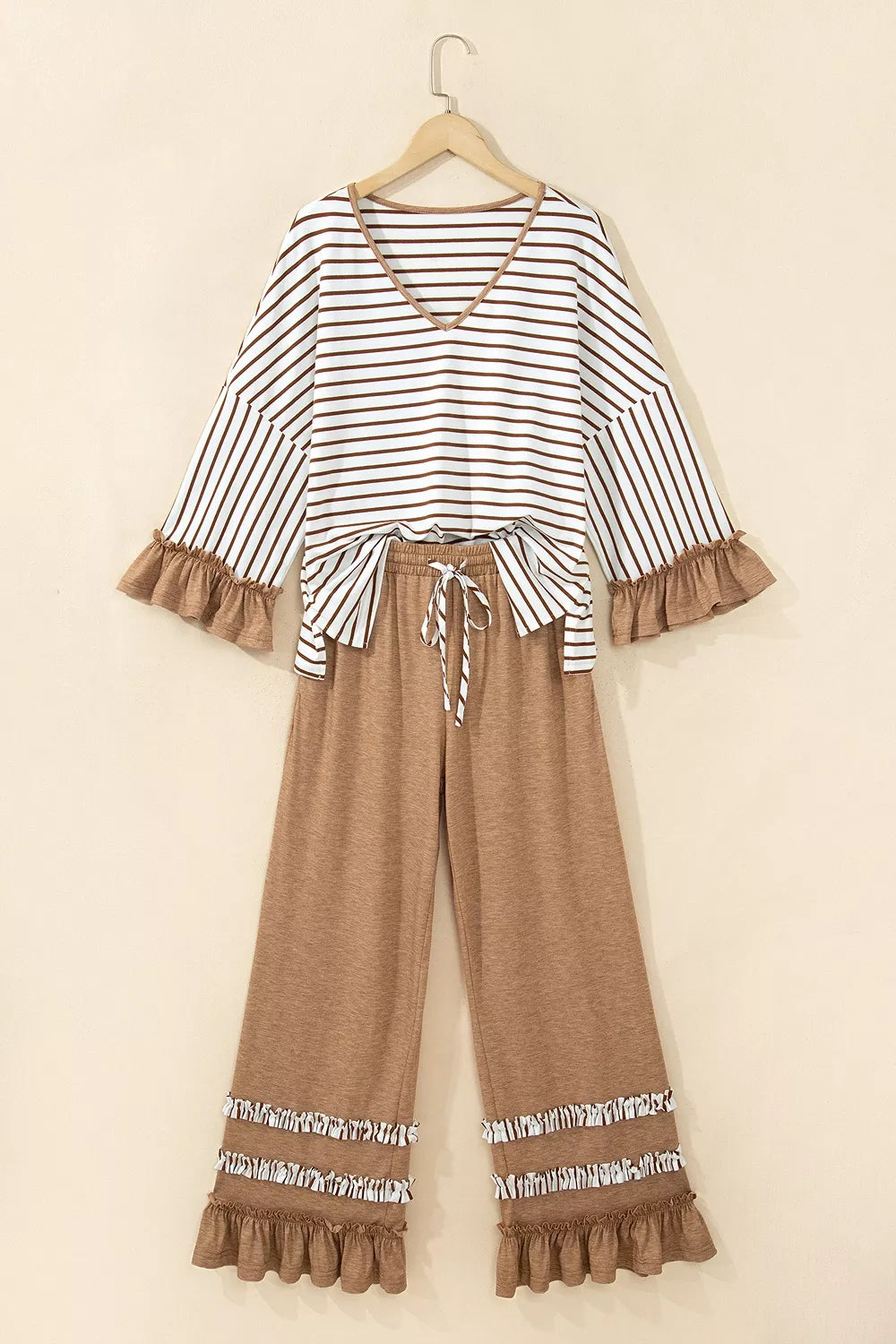 Stripe V Neck Ruffle Contrast Sleeve Top Drawstring Pants 2pcs Set Secondary image