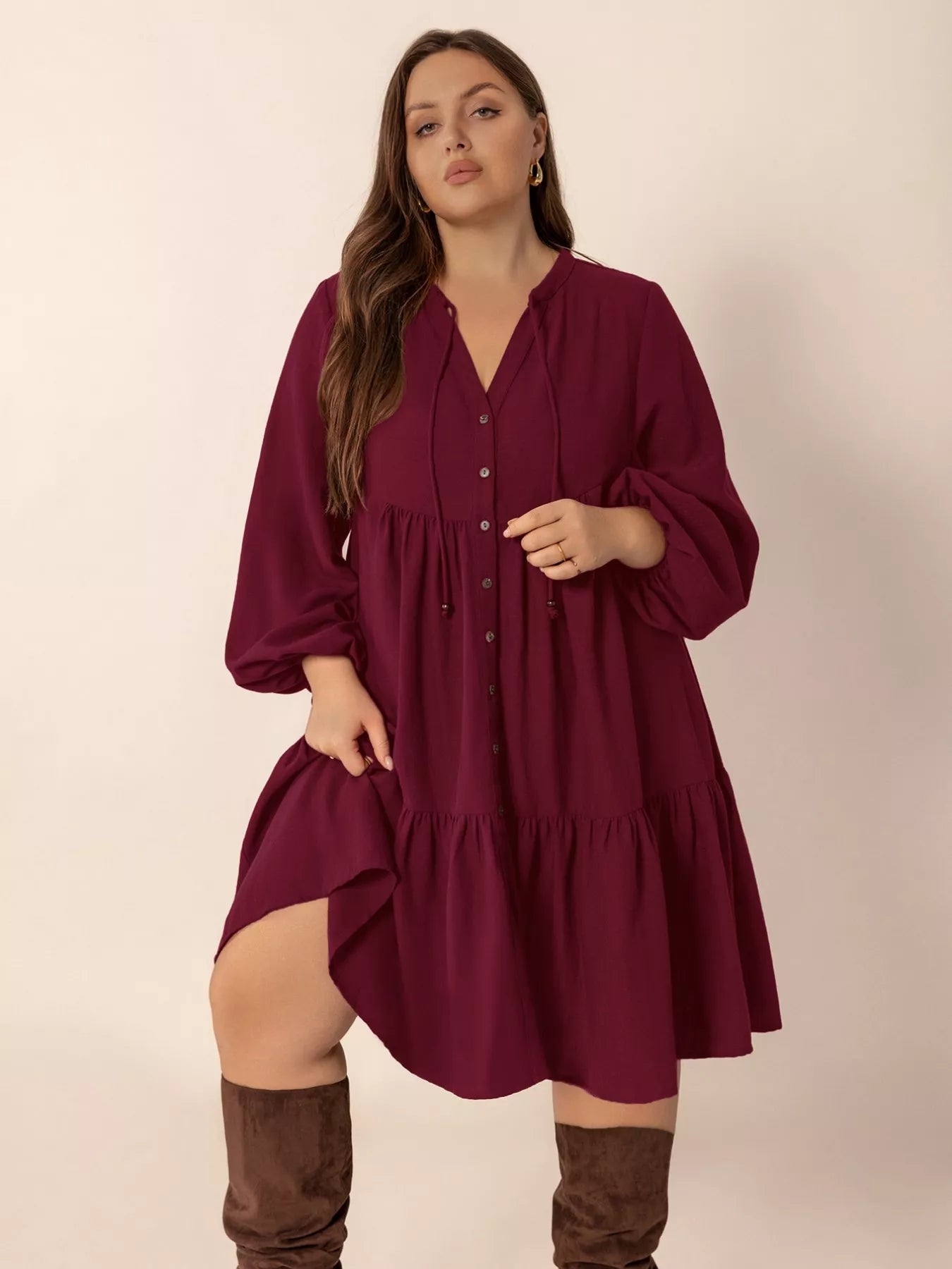 Plus Size Button Front Balloon Sleeve Dress Secondary image