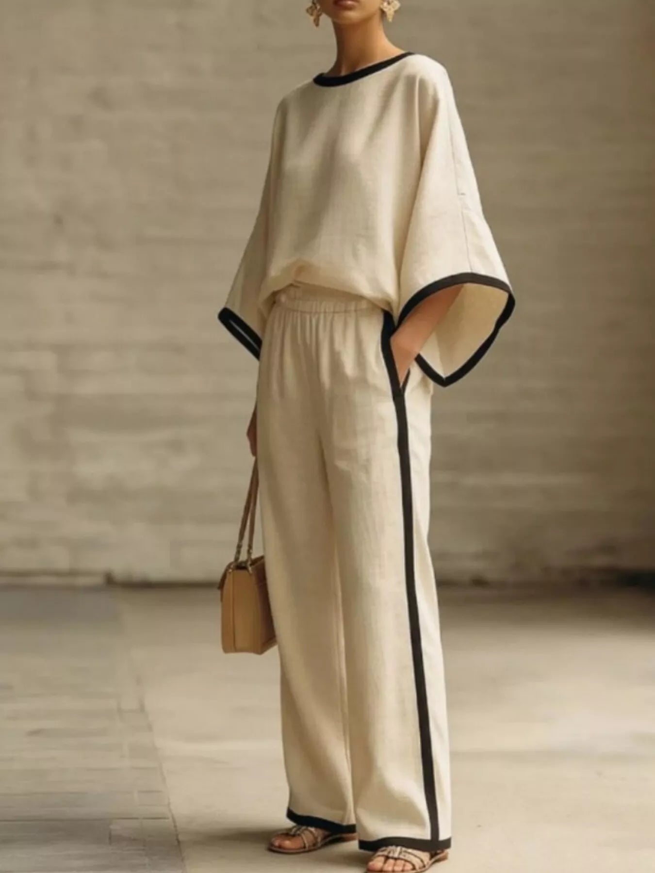 Full Size Contrast Trim Top and Wide-Leg Pants Set Plus Size Secondary image