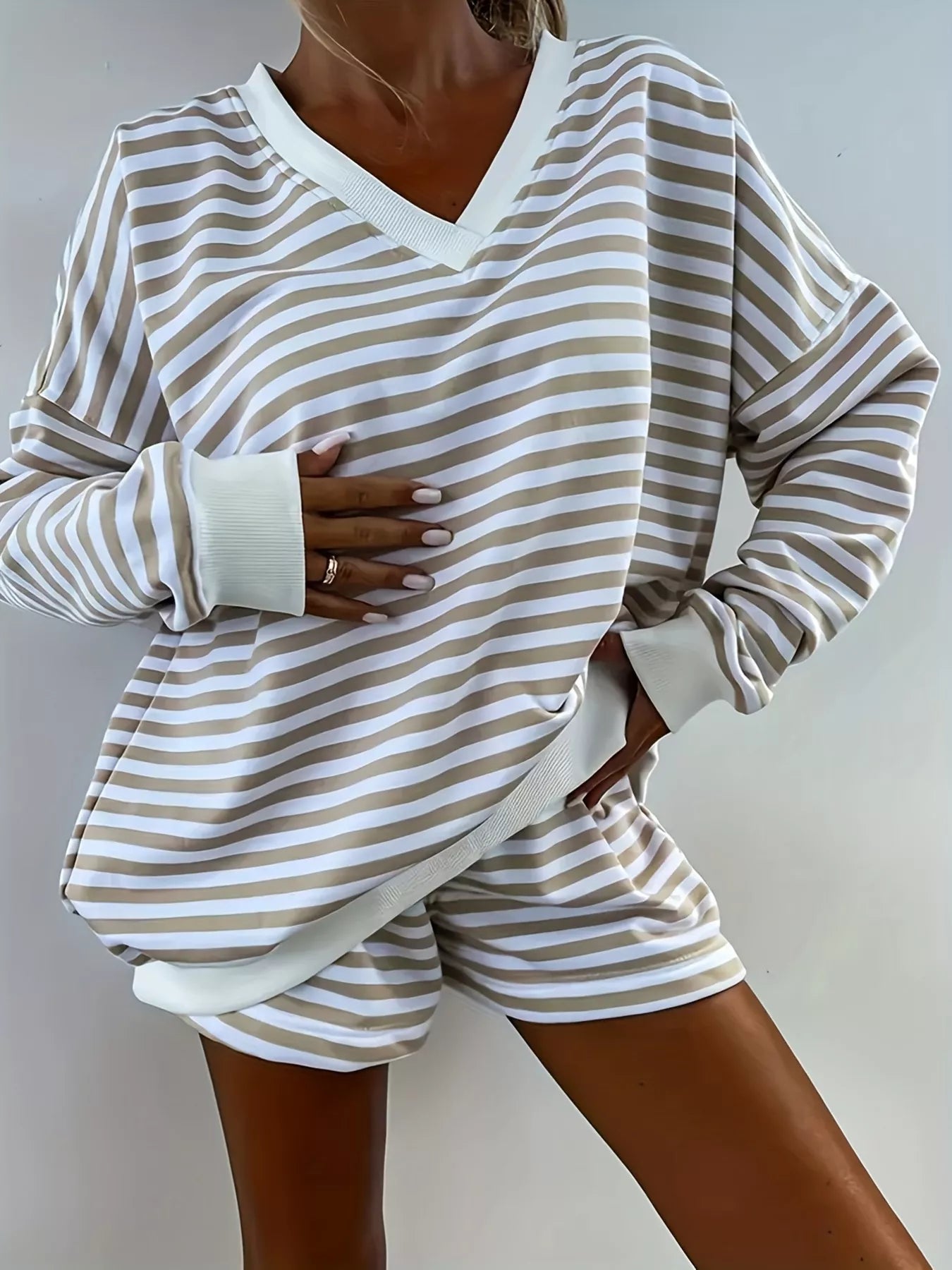 Striped V-Neck Top and Shorts Set Secondary image