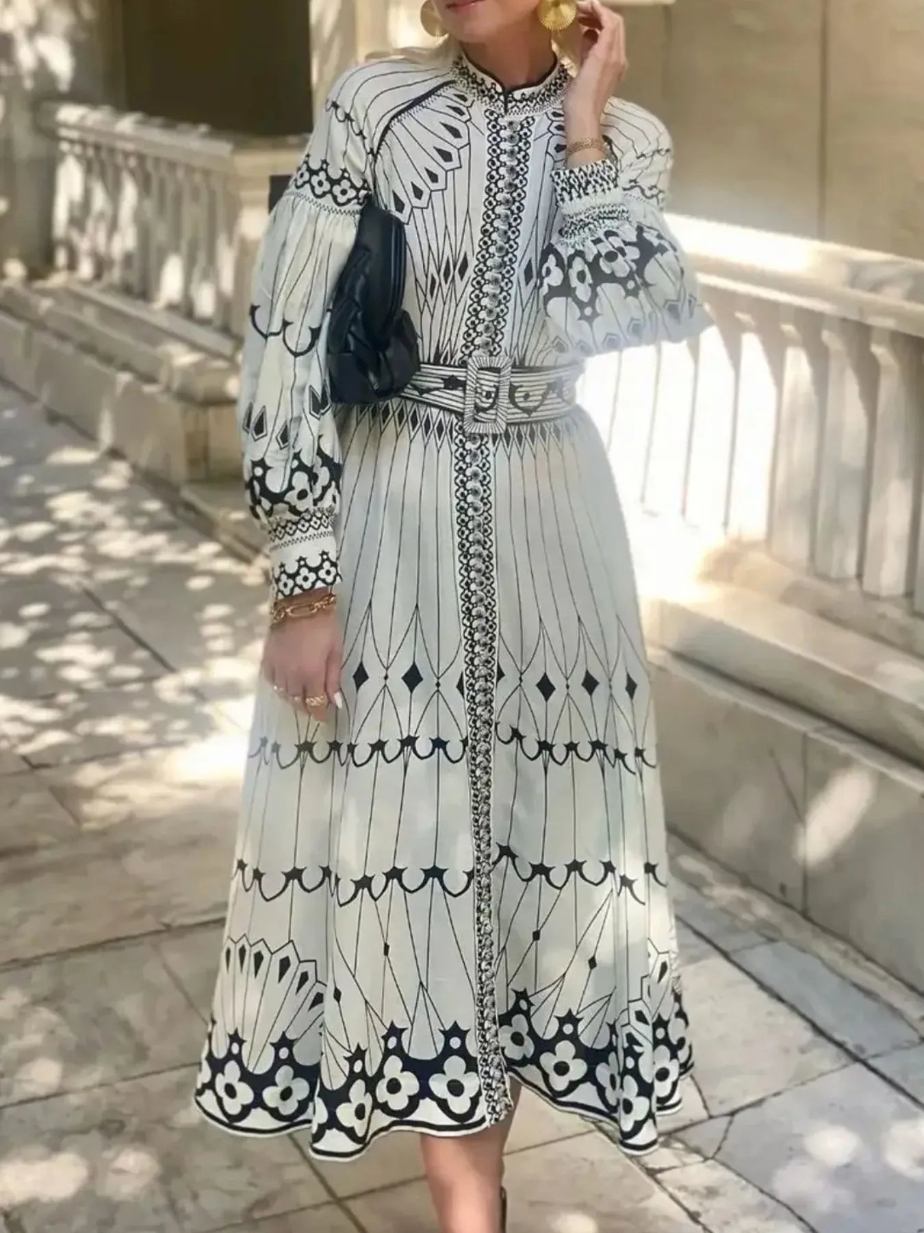 Printed Long Sleeve Shirt Dress with Belt Secondary image