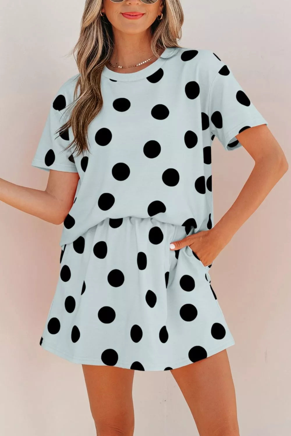 Polka Dot Short Sleeve Top Casual Skort 2pcs Outfit Secondary image