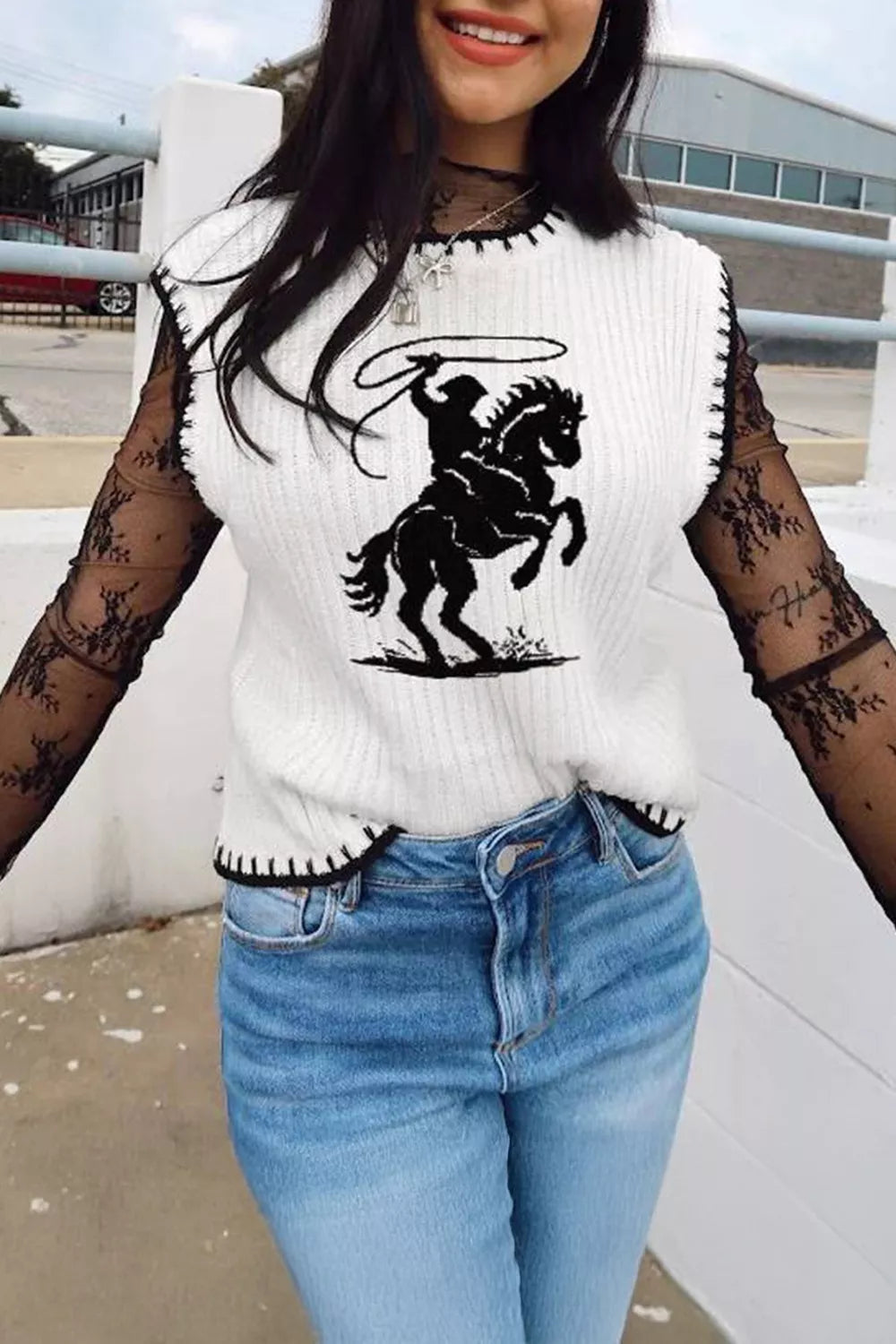 Contrast Trim Round Neck Rodeo Cowboy Sweater Vest Secondary image