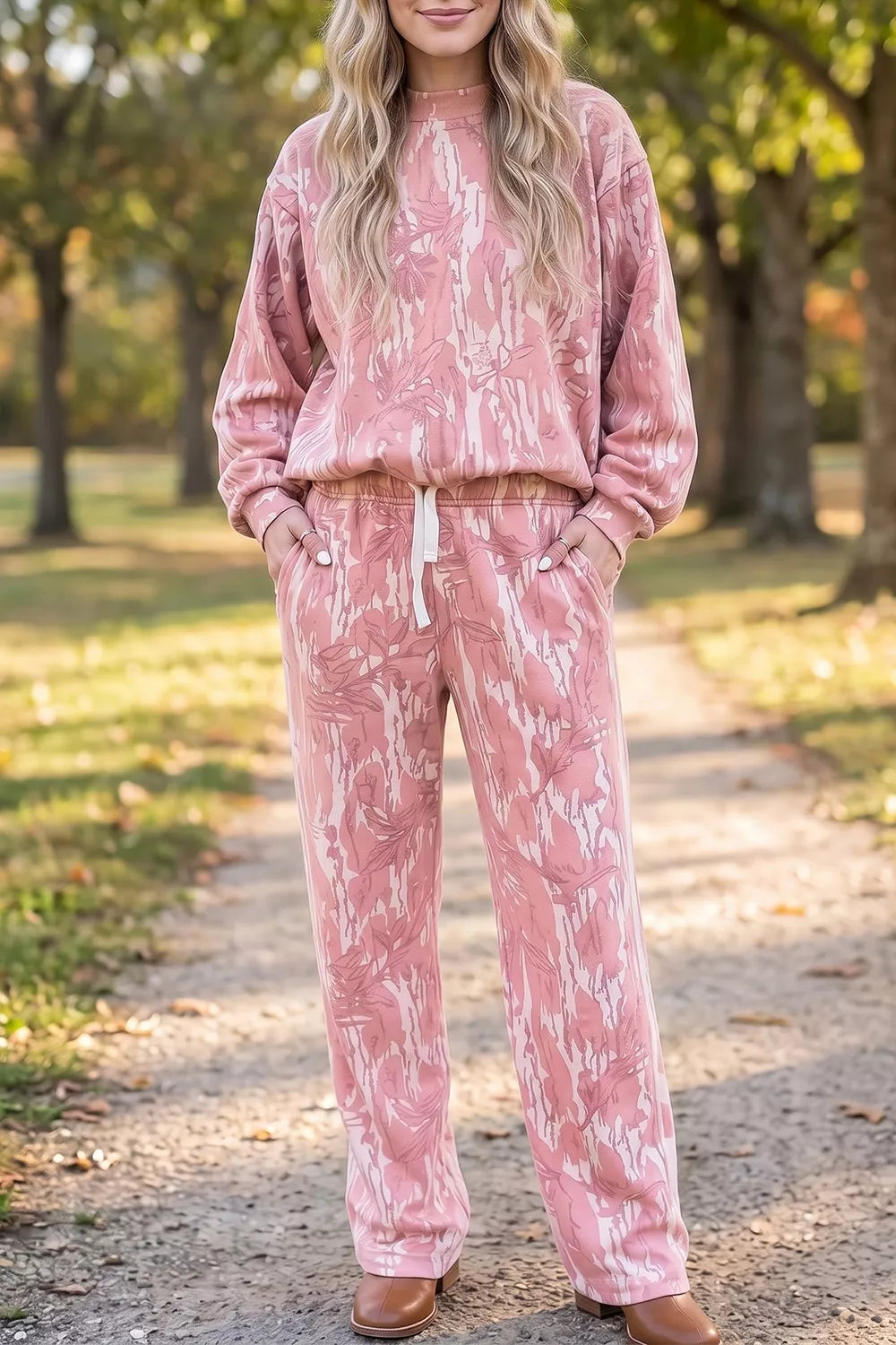 Multicolour Abstract Botanical Print Top and Drawstring Pants Set Secondary image