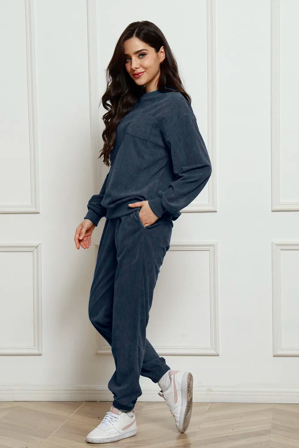 Corduroy Round Neck Sweatshirt and Sweatpants Set Secondary image