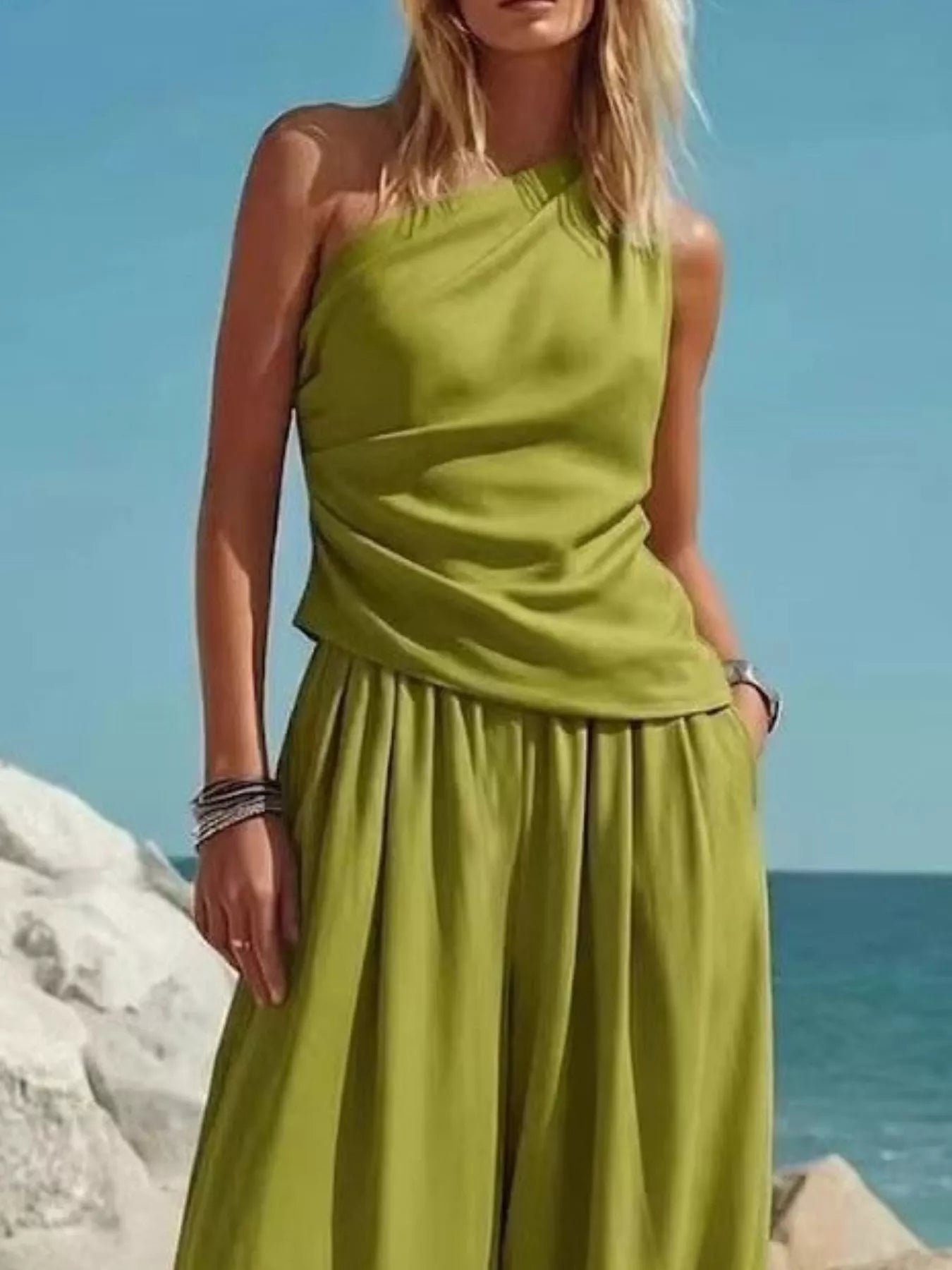 Full Size One-Shoulder Sleeveless Top and Harem Pants Set Plus Size Secondary image