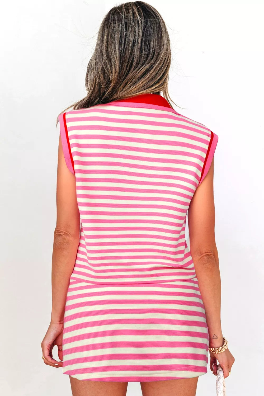 Half Zip Striped Sleeveless Top and Skirt Set Secondary image