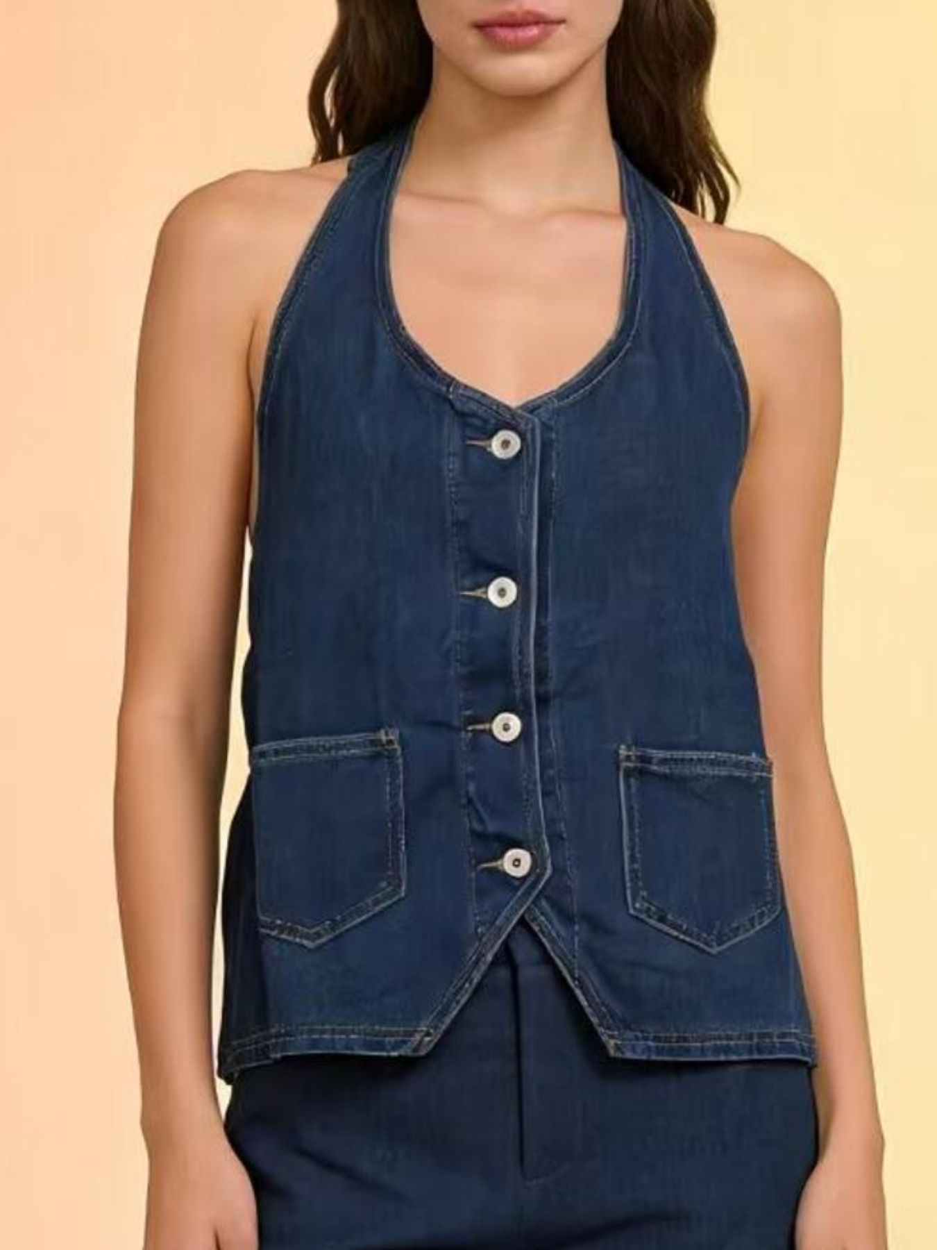 Halter Neck Button-Down Denim Vest Secondary image