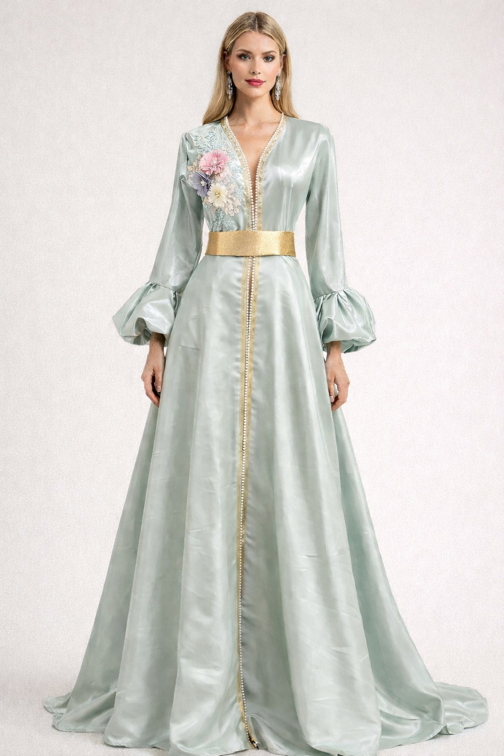 Mint Satin Embroidered Maxi Dress with Balloon Sleeves