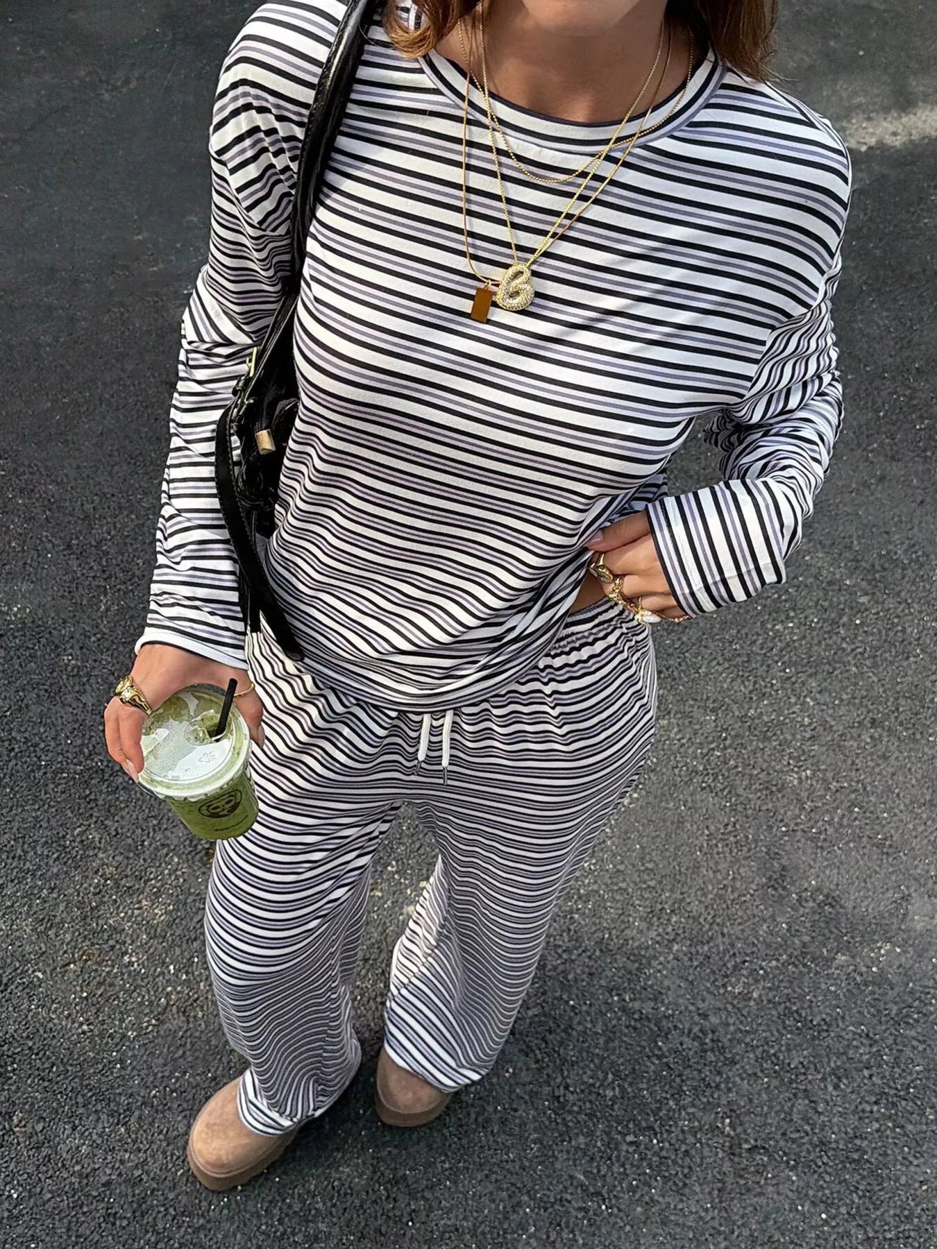 Striped Casual Long Sleeve Top and Wide Leg Pants Set Secondary image