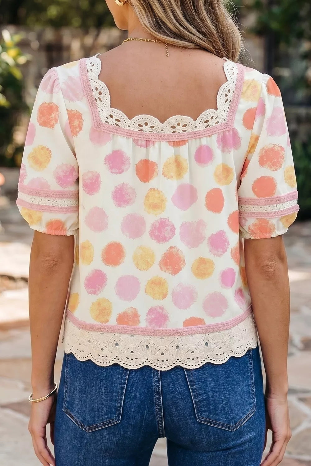 Polka Dot Lace Trim Square Neck Puff Sleeve Blouse Secondary image