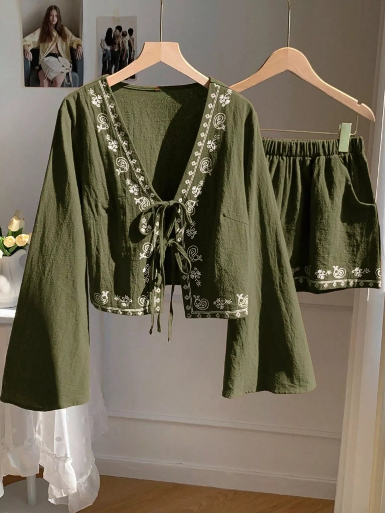 Embroidered Tie-Front Top & Shorts Set Secondary image