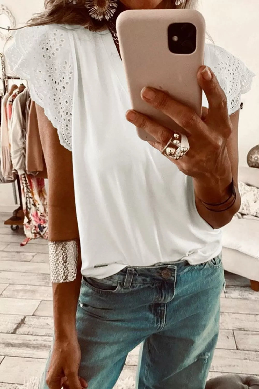 Eyelet Embroidered Flutter Sleeve Patchwork V Neck Tee Secondary image