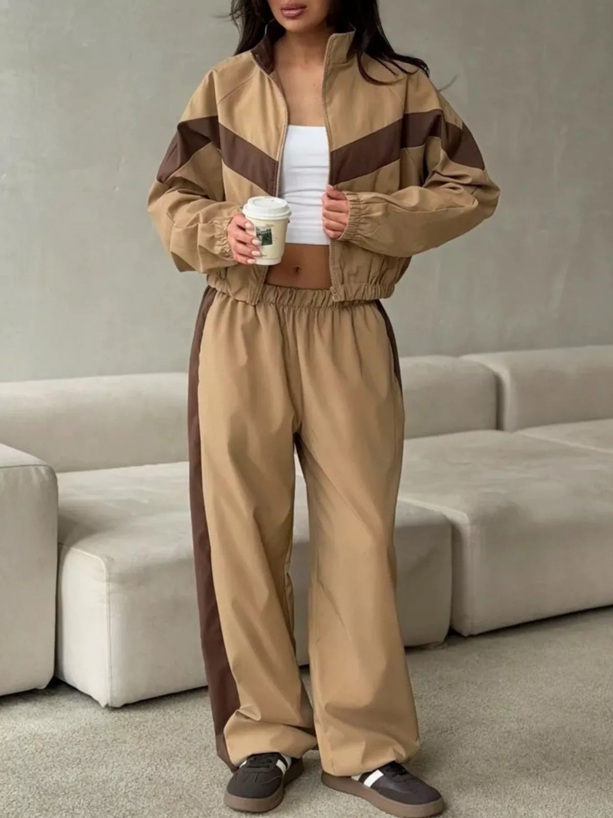 Color Block Zip Up Outerwear and Pants Set - photo 2