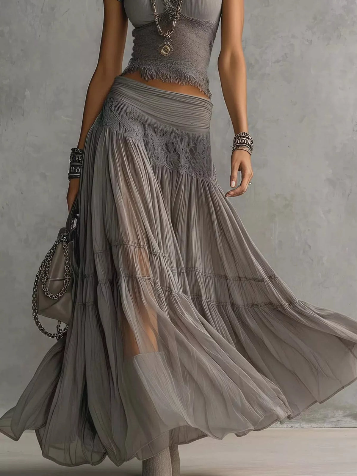 Lace Slim Fit Top and Maxi Skirt Set - photo 3