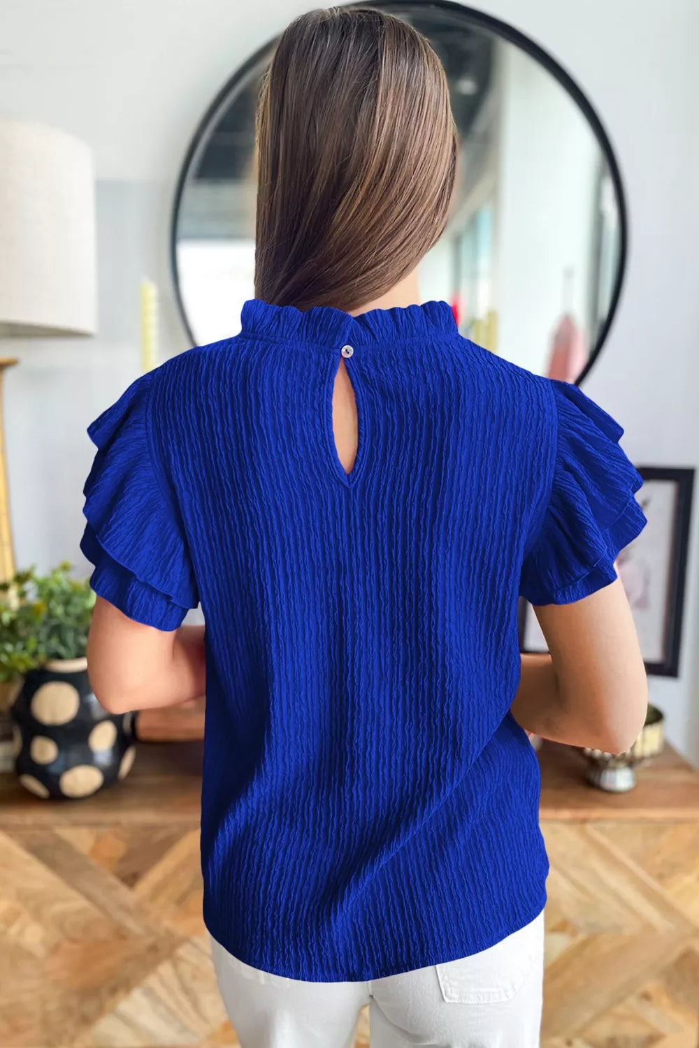 Solid Color Textured Ruffle Trim Short Sleeve Blouse Secondary image