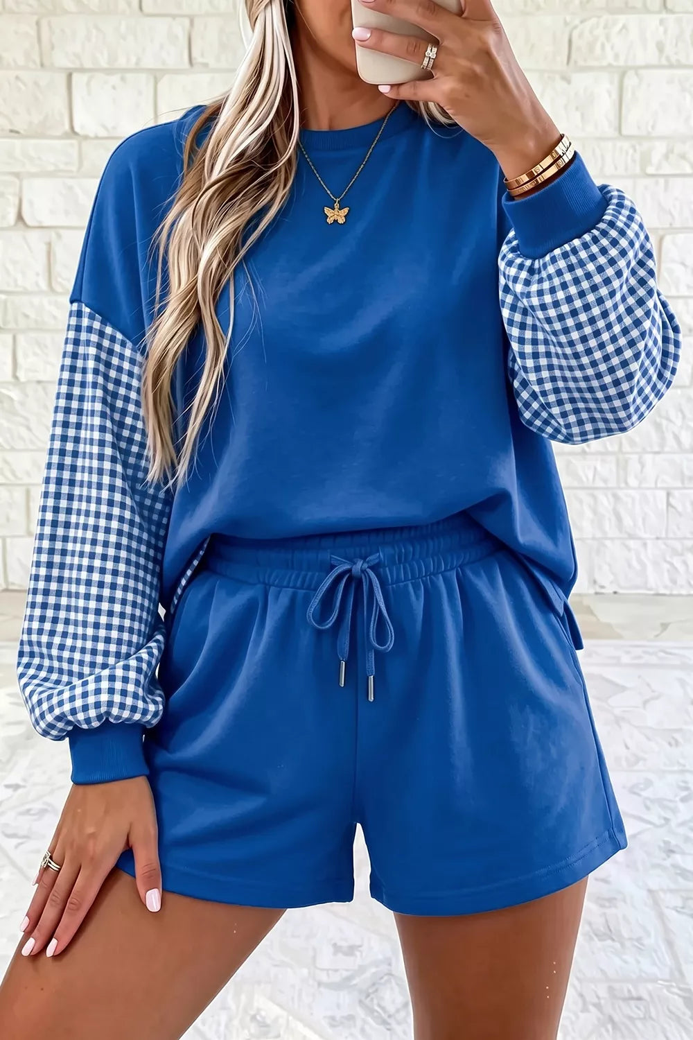 Gingham Patchwork Long Sleeve Sweatshirt and Shorts Set - photo 4