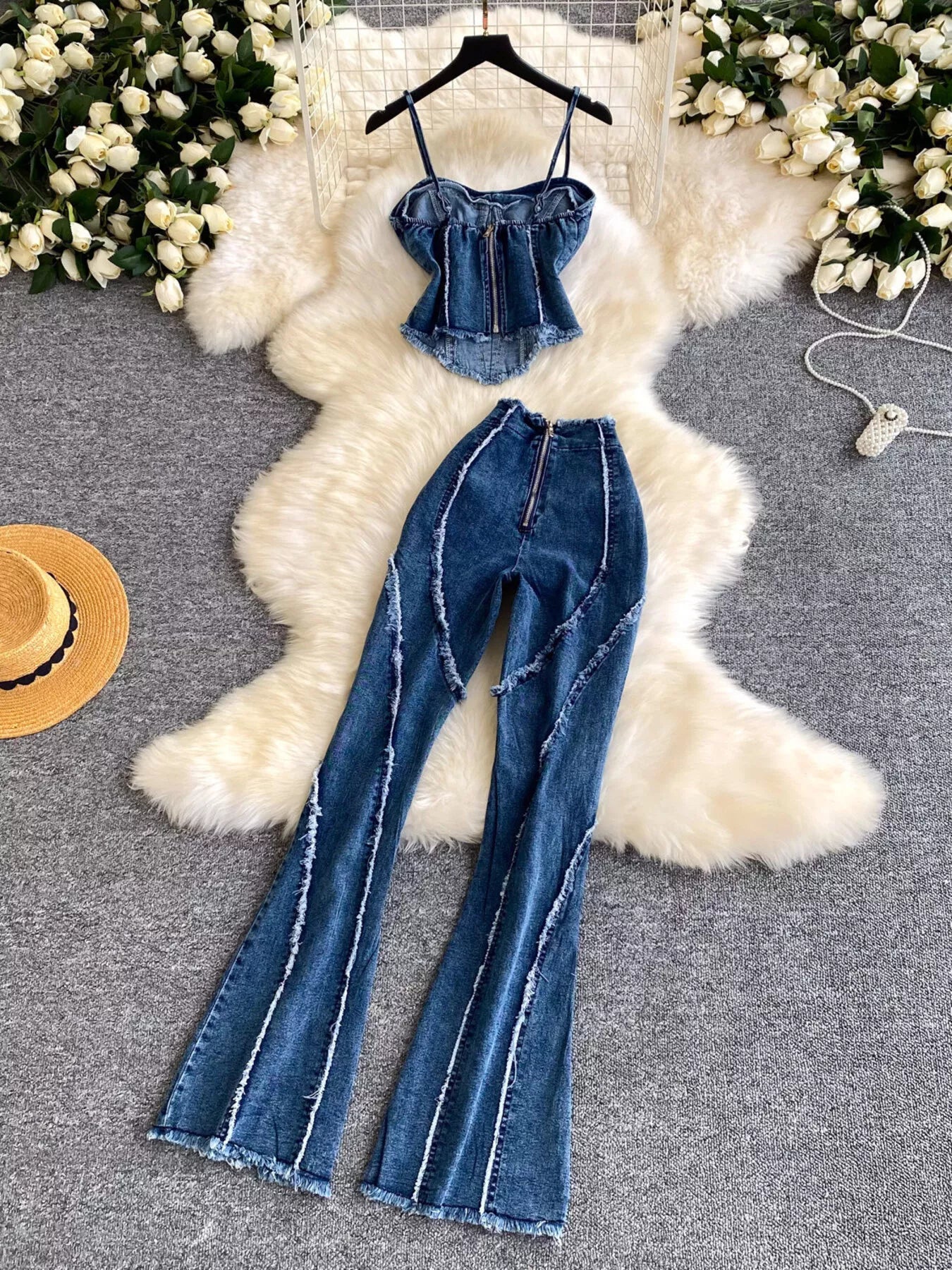 Raw Hem Denim Cami and Flare Jeans Set Secondary image