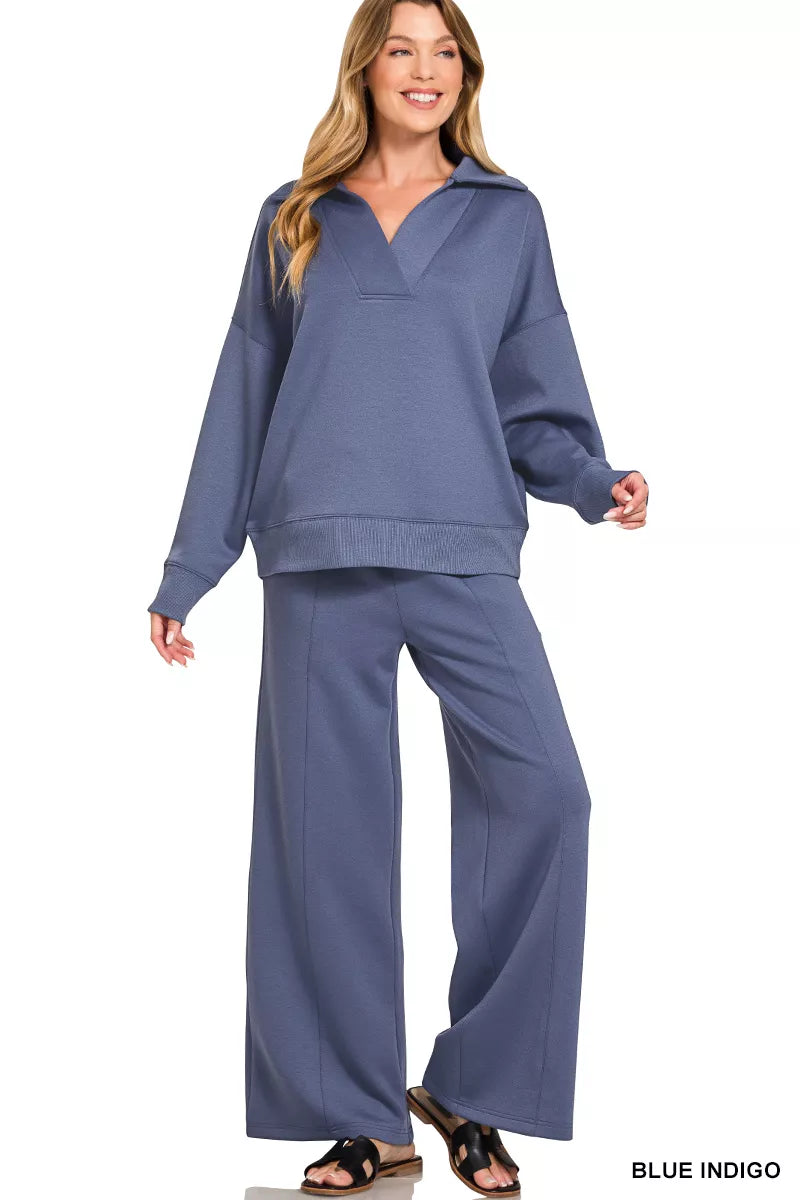 Zenana Scuba Collared Pullover & Center Seam Pants Set Secondary image
