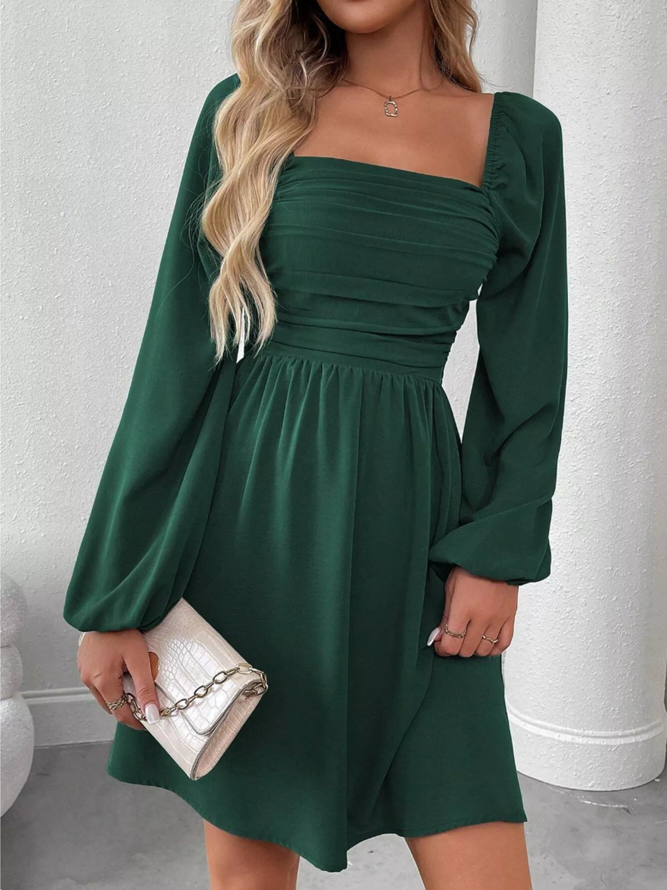 Ruched Square Neck Long Sleeve A-Line Dress Secondary image