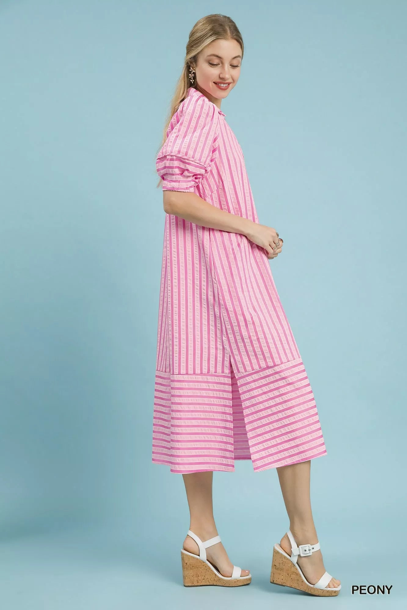 Umgee Striped Puff Sleeve Midi Dress Secondary image