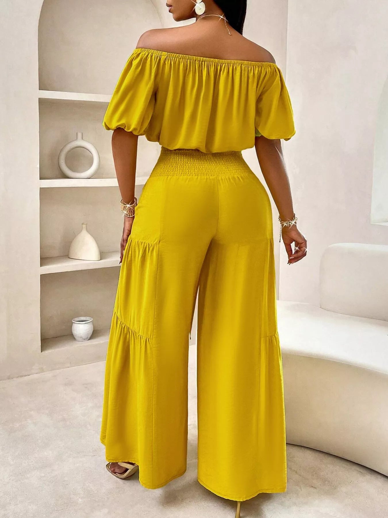 Elegant Off-Shoulder Crop Top and Ruched Wide Leg Pants Set Secondary image