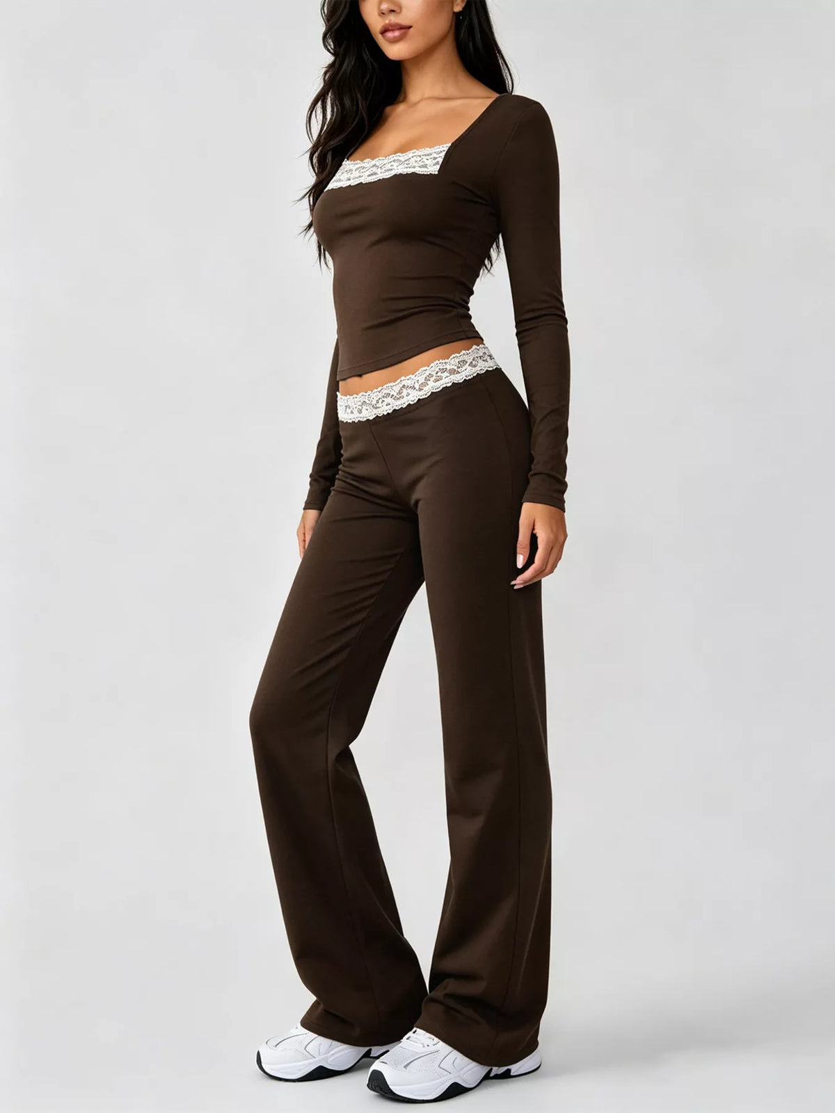 Long Sleeve Lace Trim Crop Top and Wide Leg Pants Set - photo 4