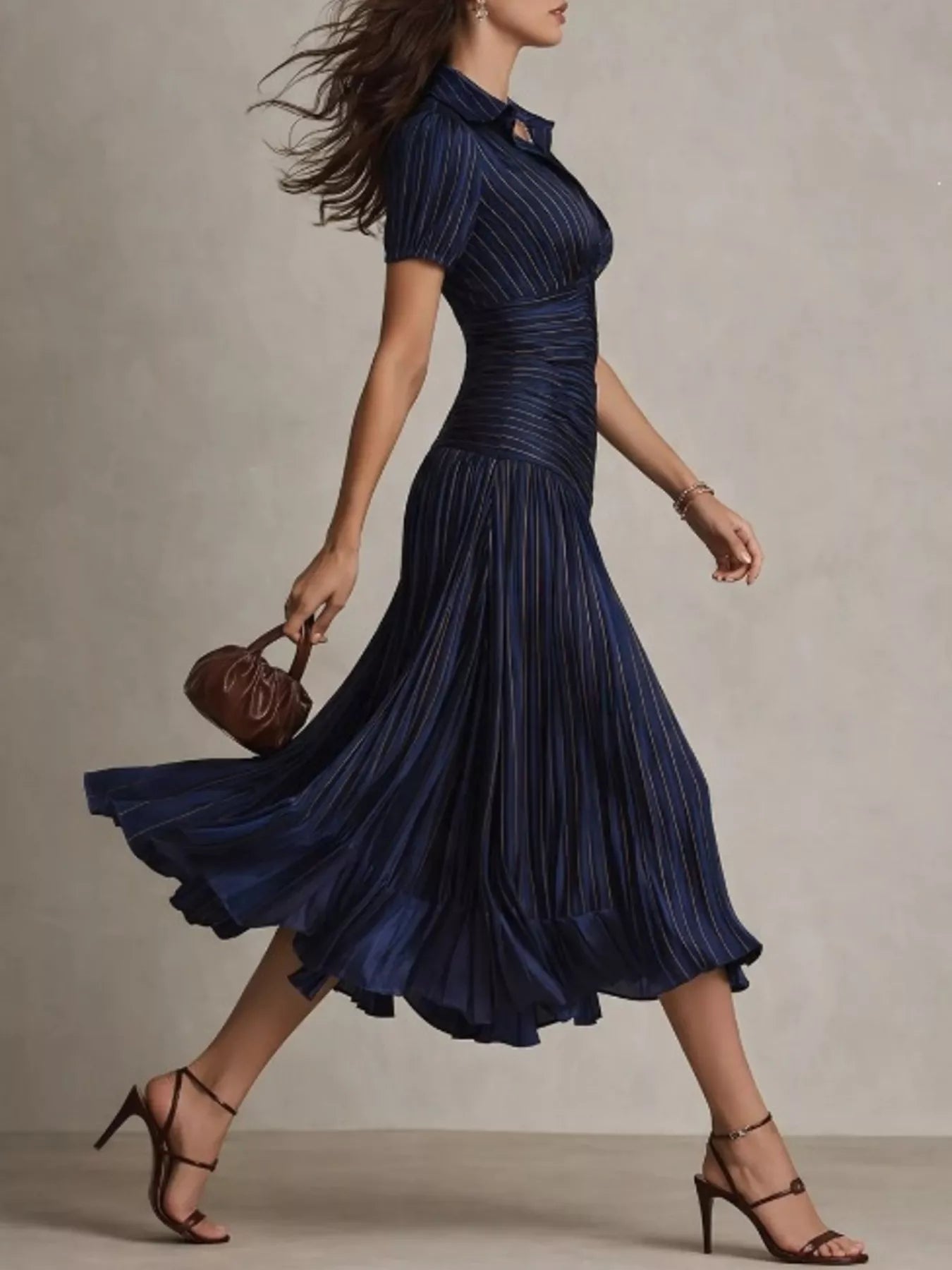 Pleated Striped Short Sleeve Midi Dress Secondary image
