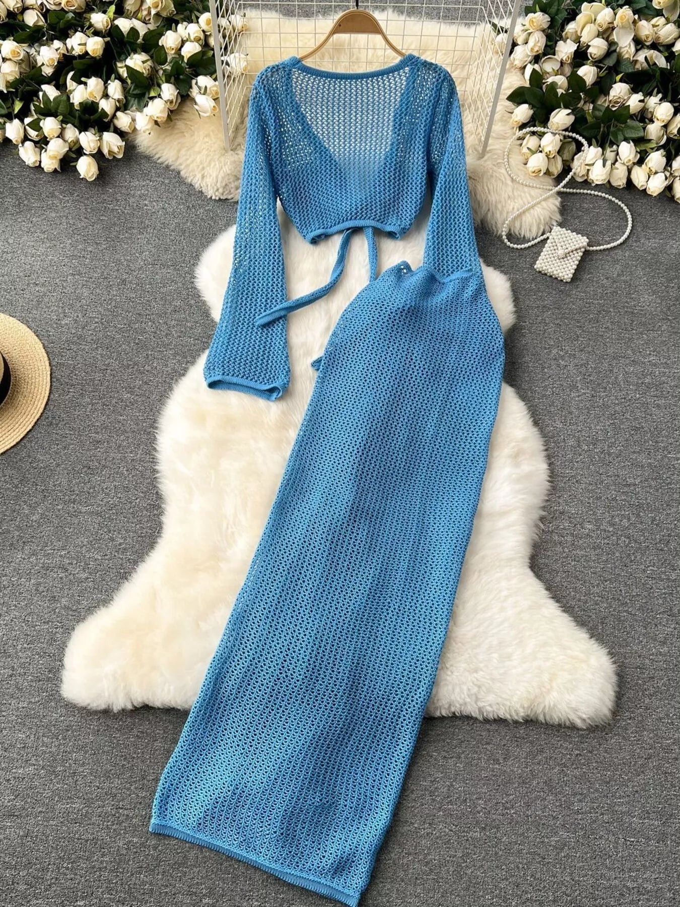 Knitted Crop Top and Slit Skirt Set Secondary image