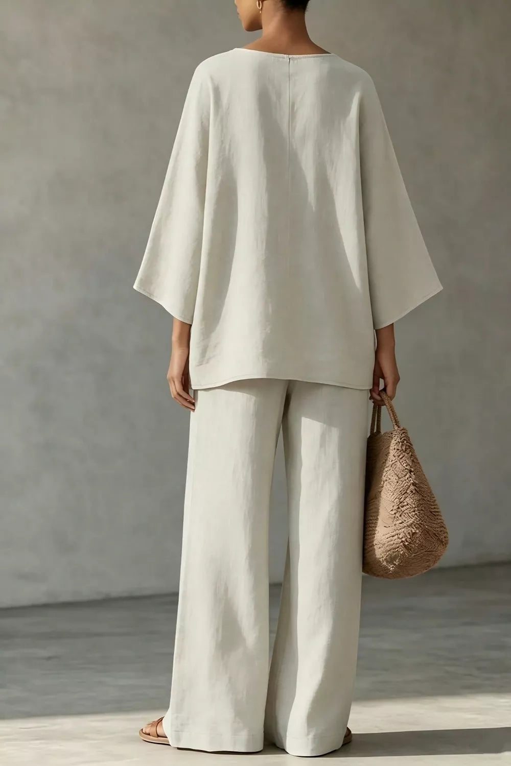 Linen Boat Neck Top and Wide-Leg Pants Set Secondary image