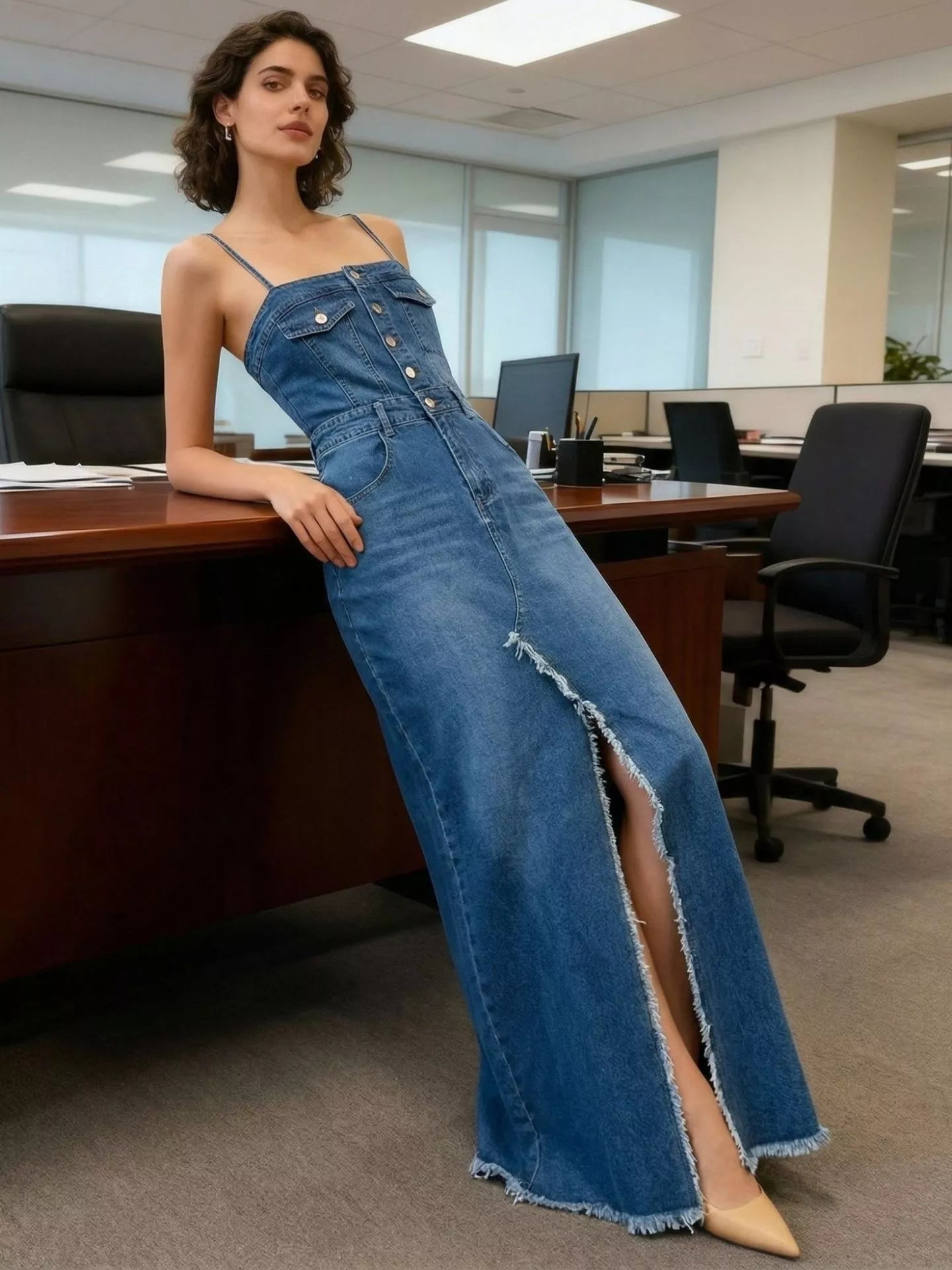 Sleeveless Frayed Hem Slit Denim Dress Secondary image