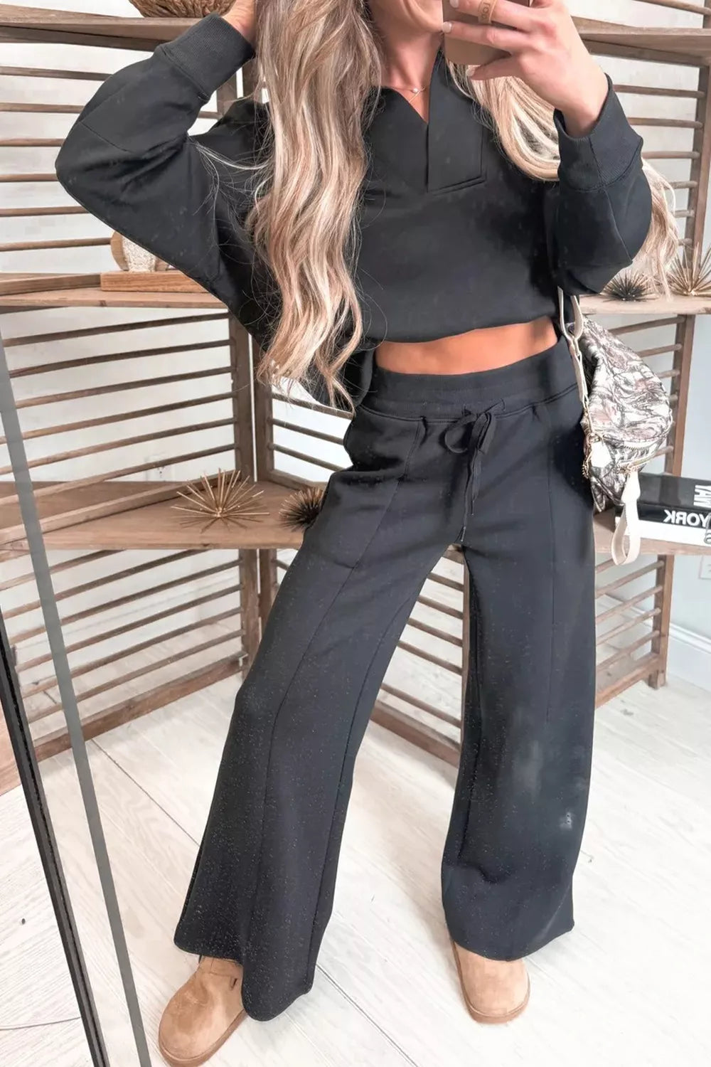 Collared V Neck Pullover Sweatshirt Sweatpants Set Secondary image