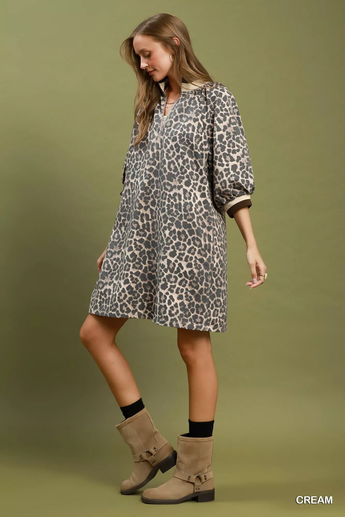 Umgee Leopard Print Quarter Zip Puff Sleeve Mini Dress Secondary image