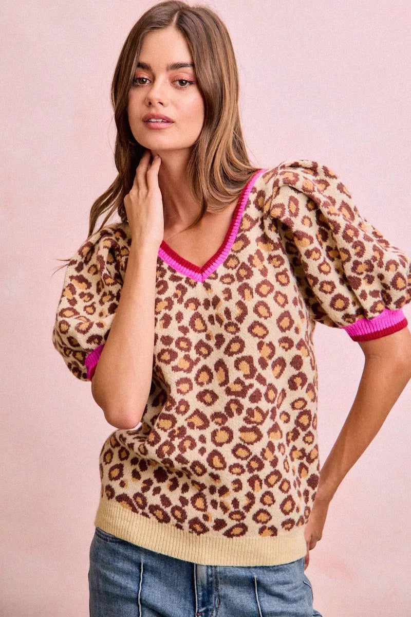 BiBi Leopard Pattern Puff Sleeve V-neck Sweater Top Secondary image