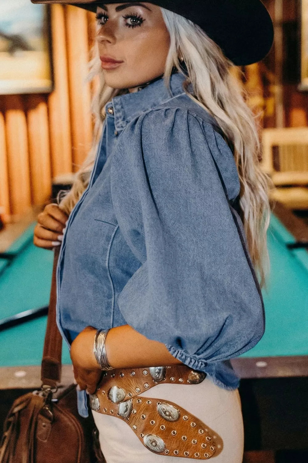 Puff Half Sleeve Collared Denim Shirt Secondary image