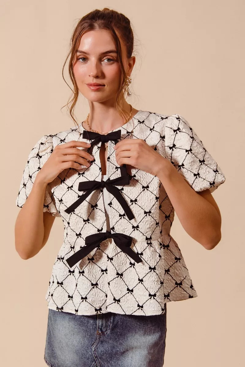 SO ME Bow Texture Woven Peplum Top With Contrast Tie Secondary image