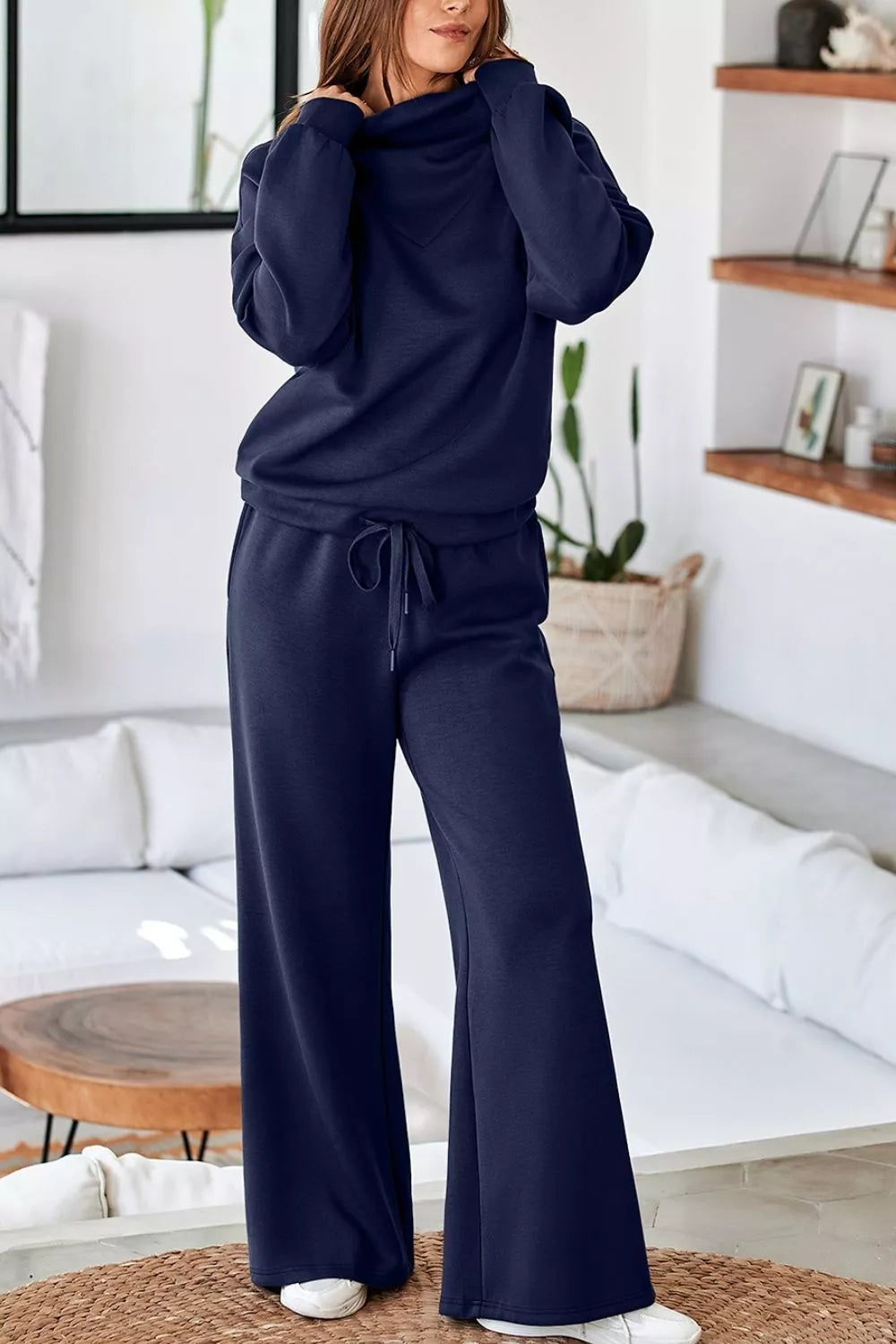 Solid Color Cowl Neck Drawstring Pullover Wide Leg Athleisure Pants Set Secondary image