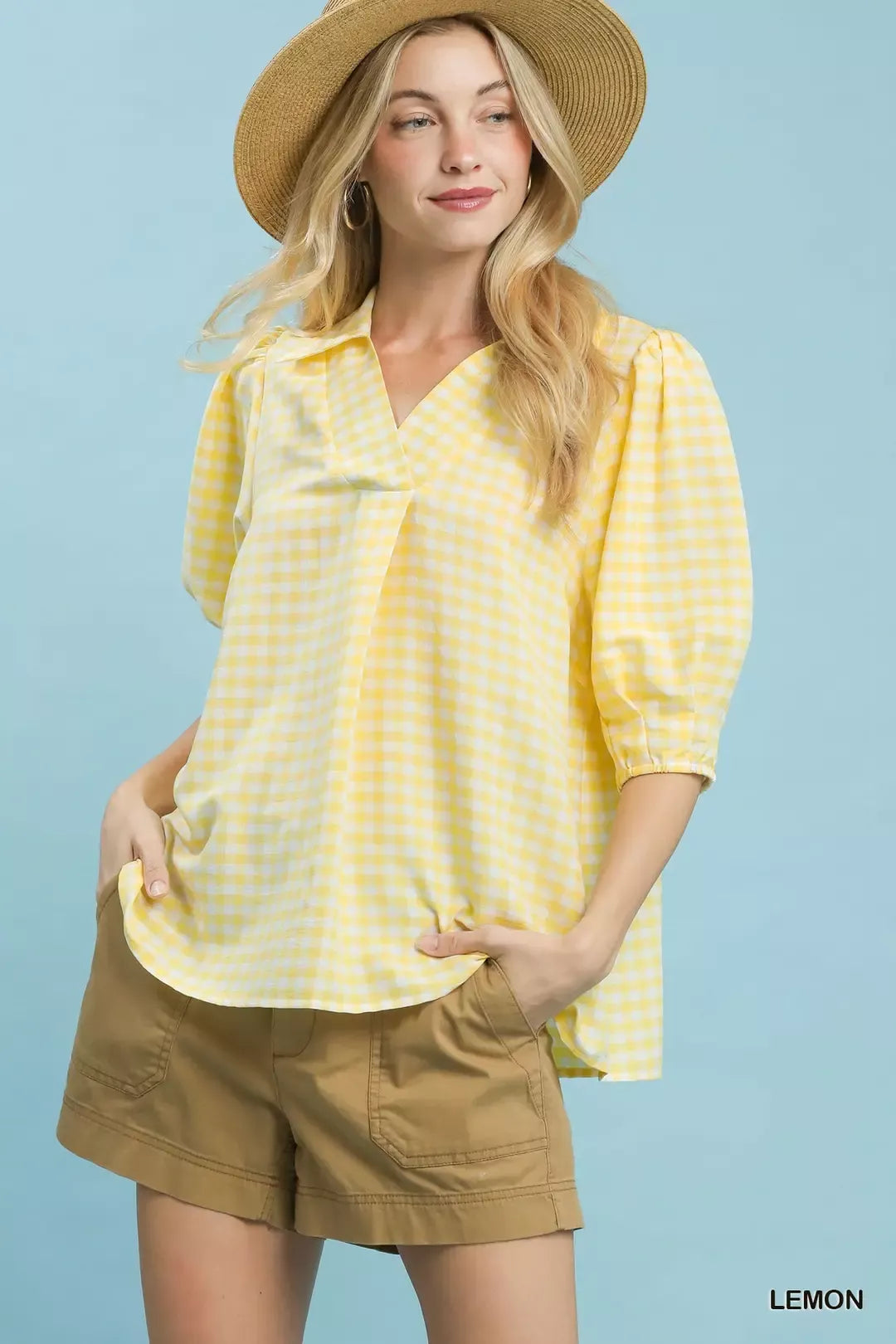 Umgee Gingham Puff Sleeve Collared Blouse Secondary image