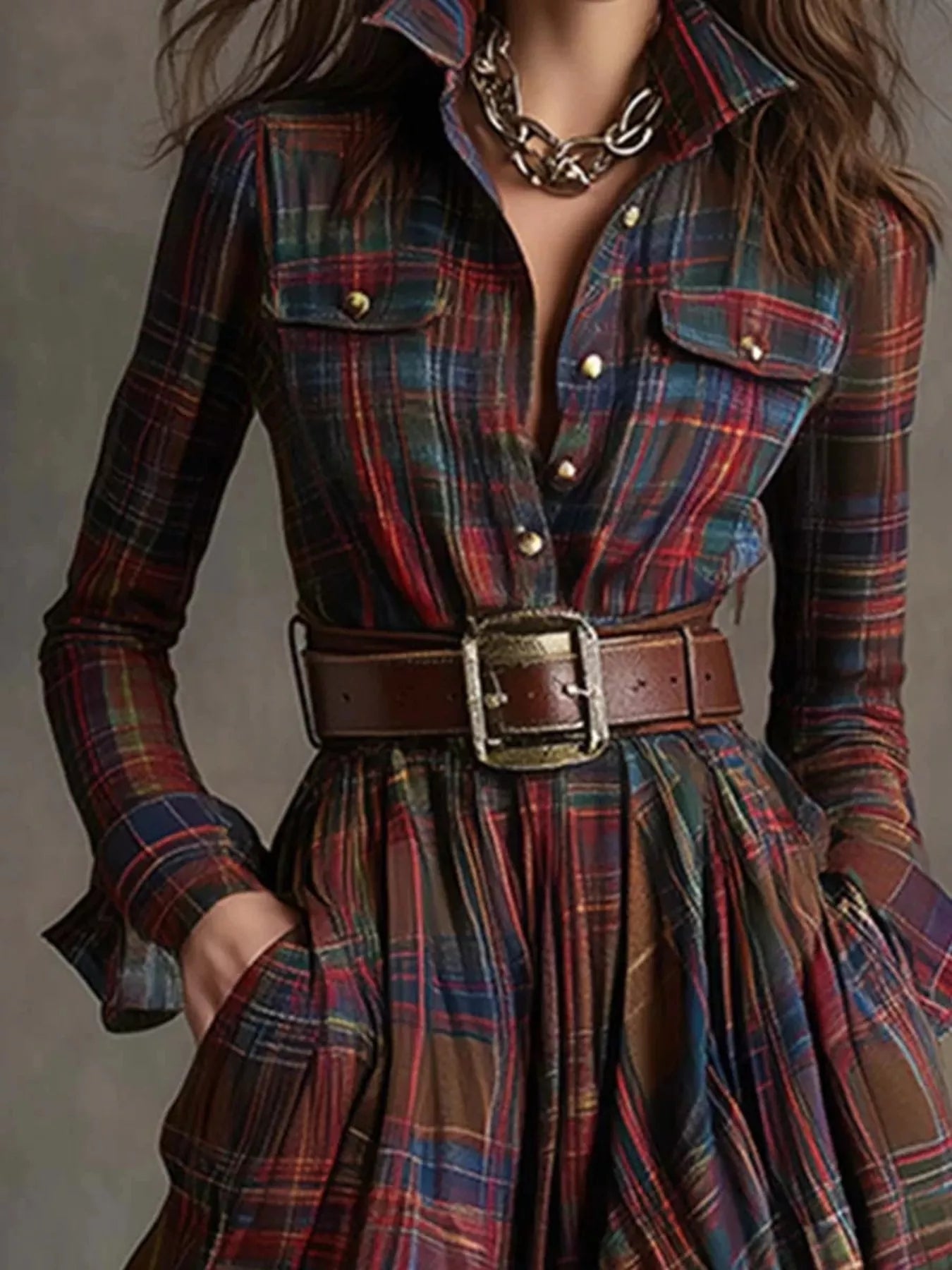 Full Size Plaid Long Sleeve Shirt Maxi Dress Plus Size Secondary image