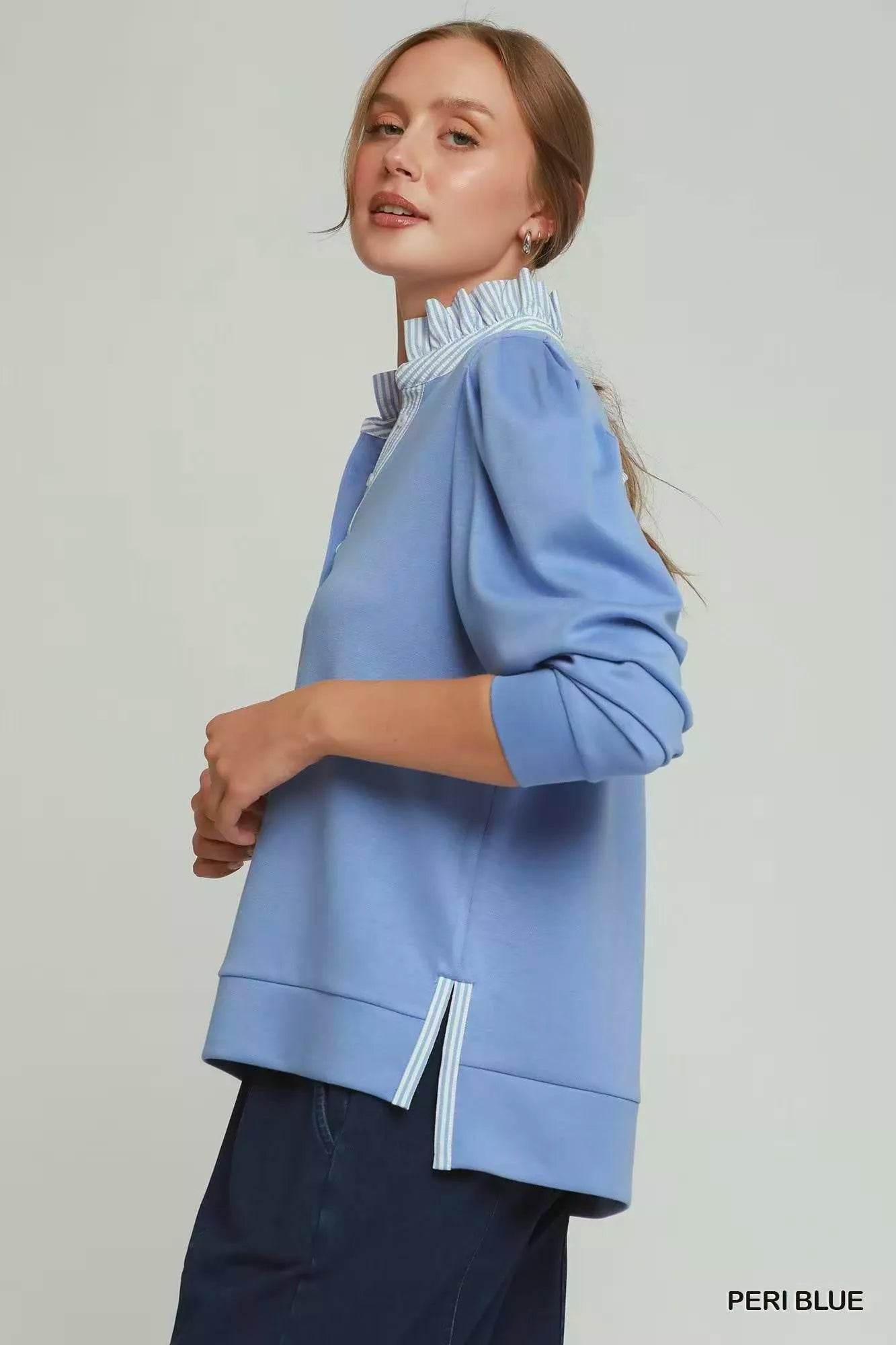 Umgee Stripe Ruffle Neck Long Sleeve Top Secondary image