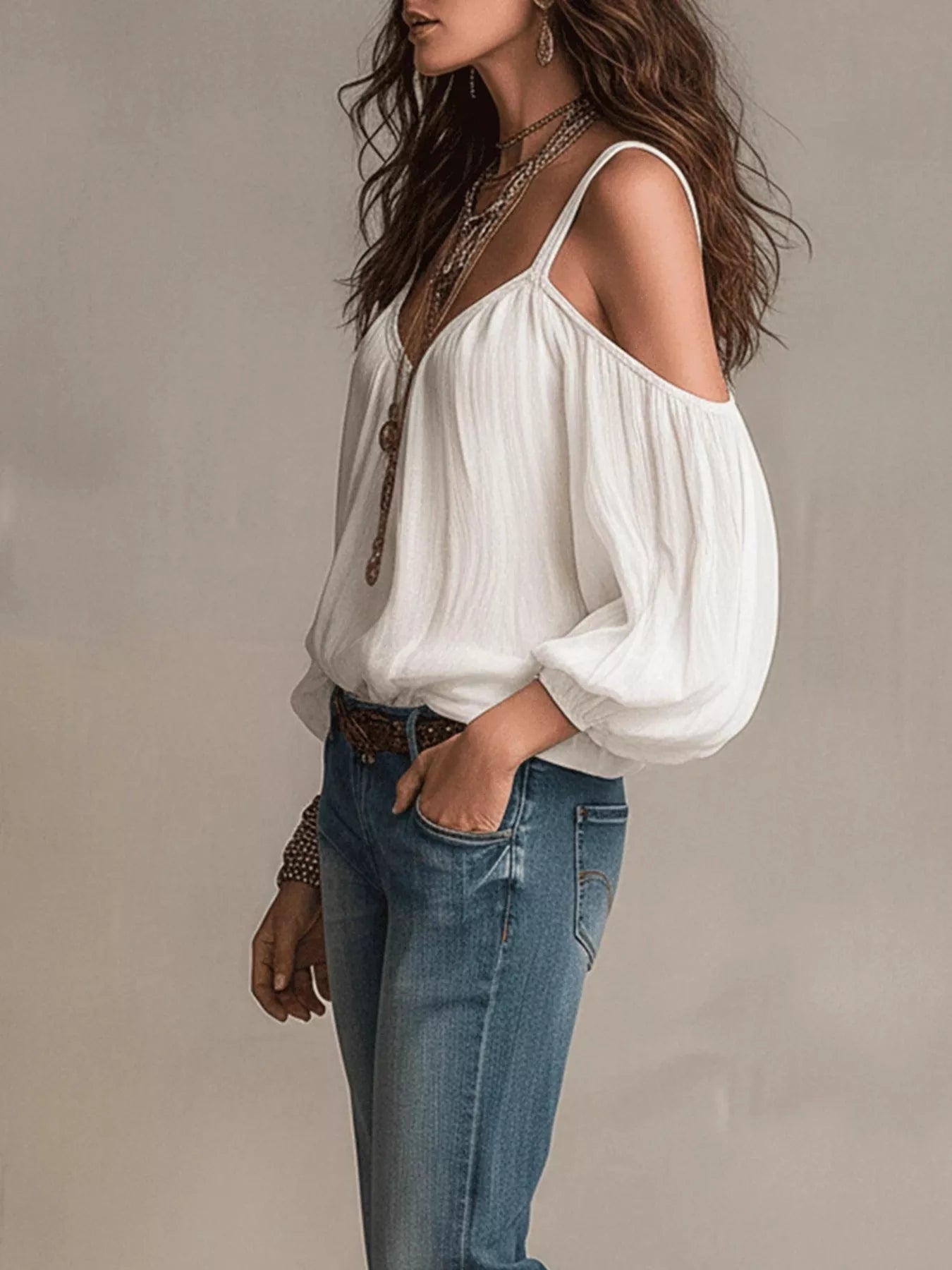 Cold Shoulder Balloon Sleeve Blouse Secondary image