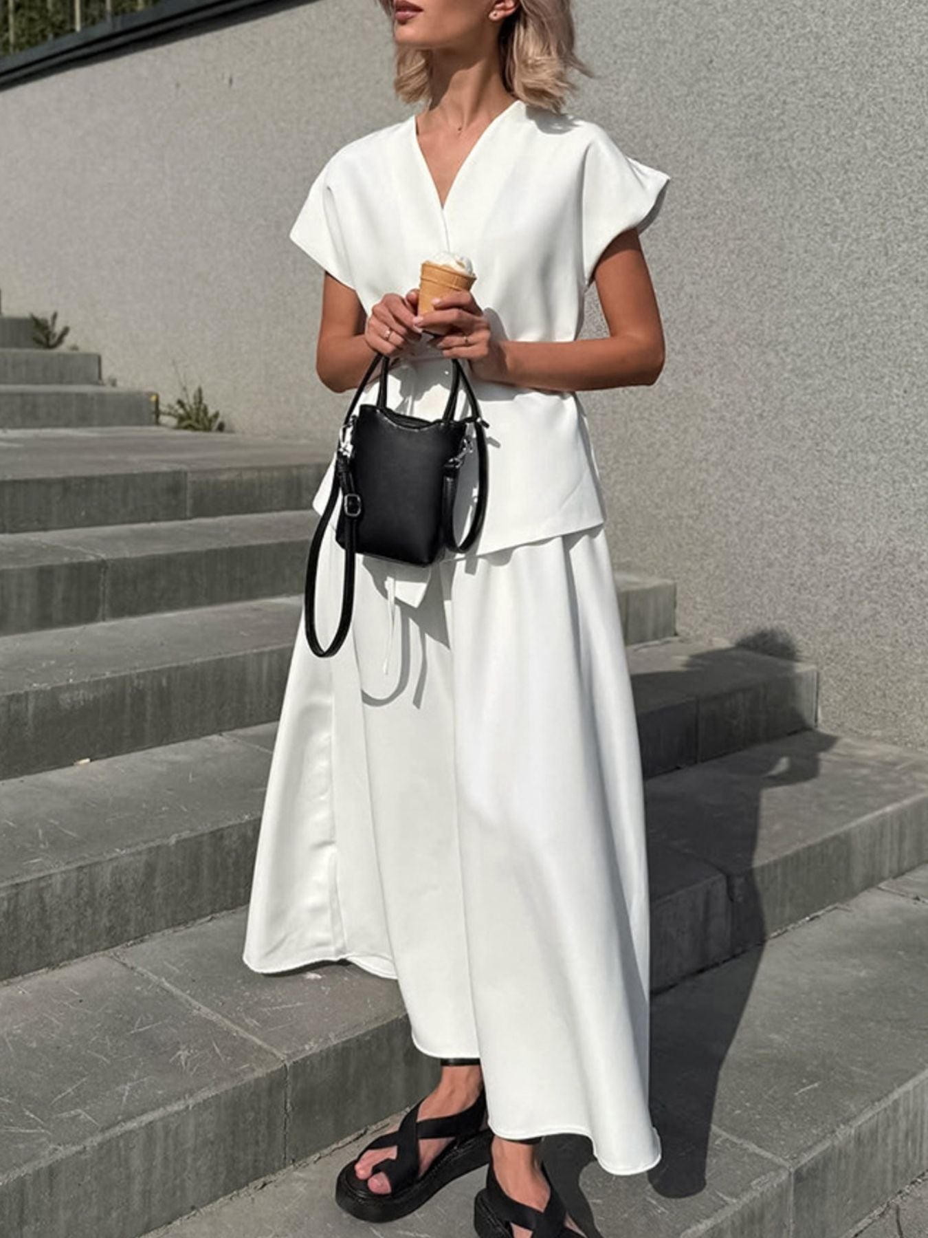 One Button Short Sleeve Top and Skirt Set Secondary image