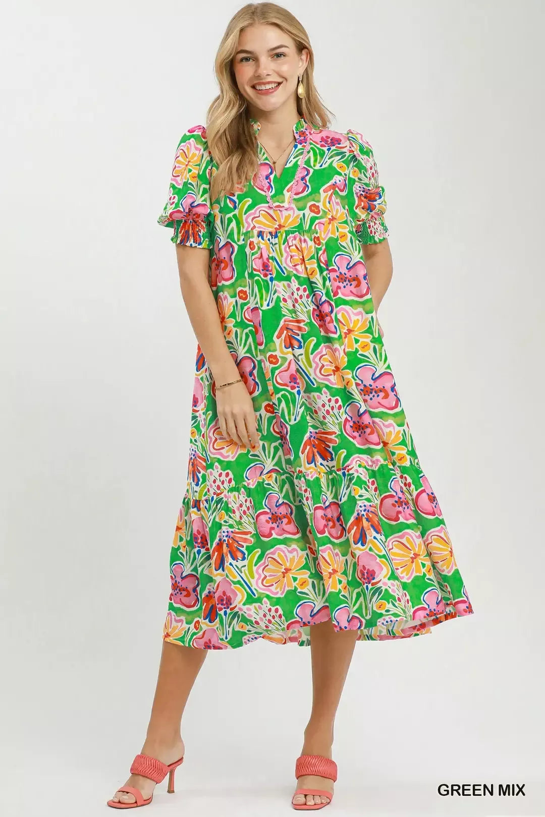 Umgee Floral Print Puff Sleeve Tiered Midi Dress Secondary image
