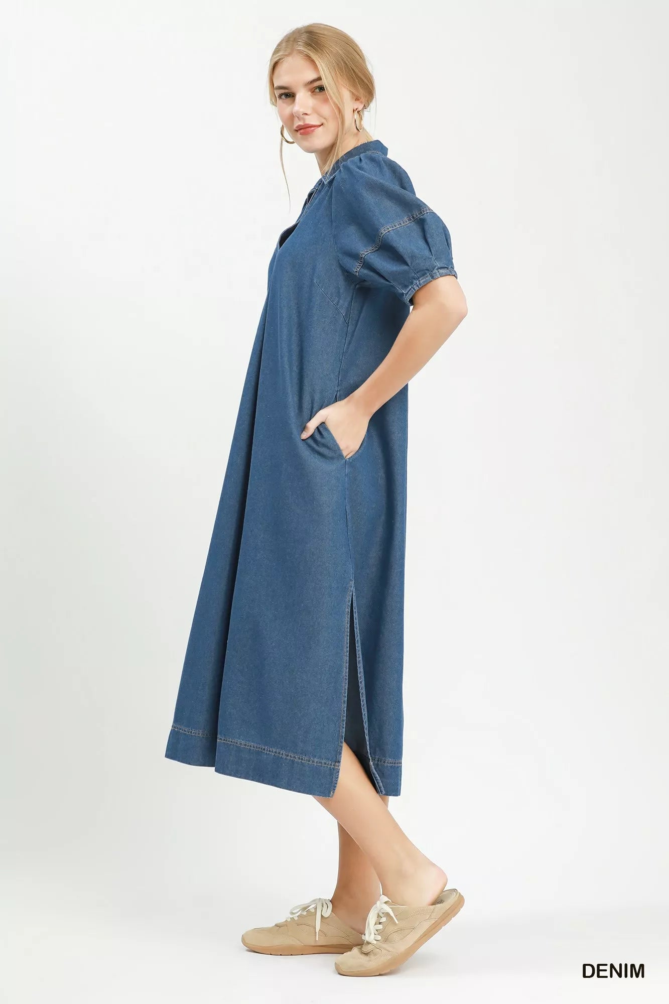 Umgee Chambray Collared Puff Sleeve Dress Secondary image