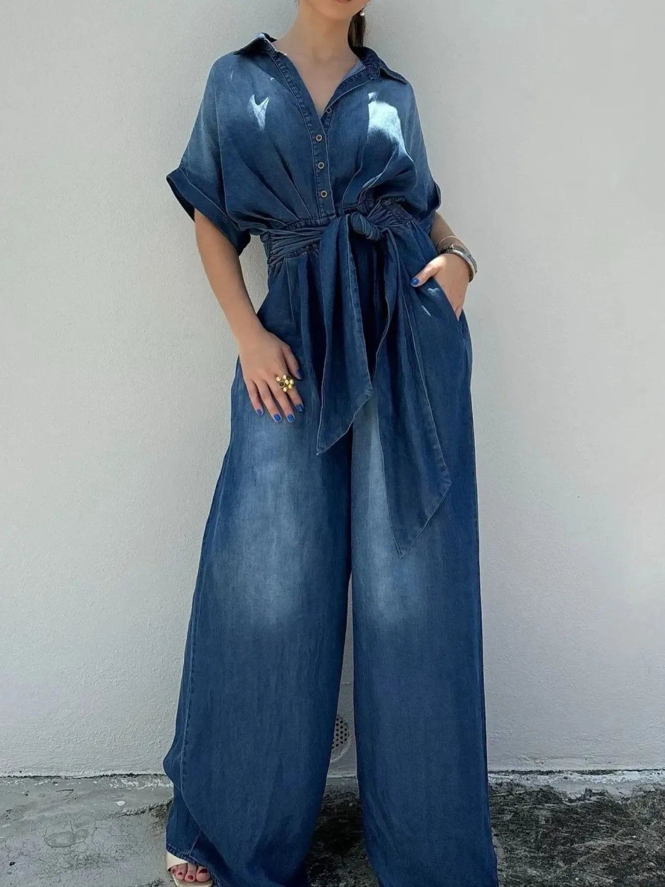 Button Front Wide Leg Denim Jumpsuit Secondary image