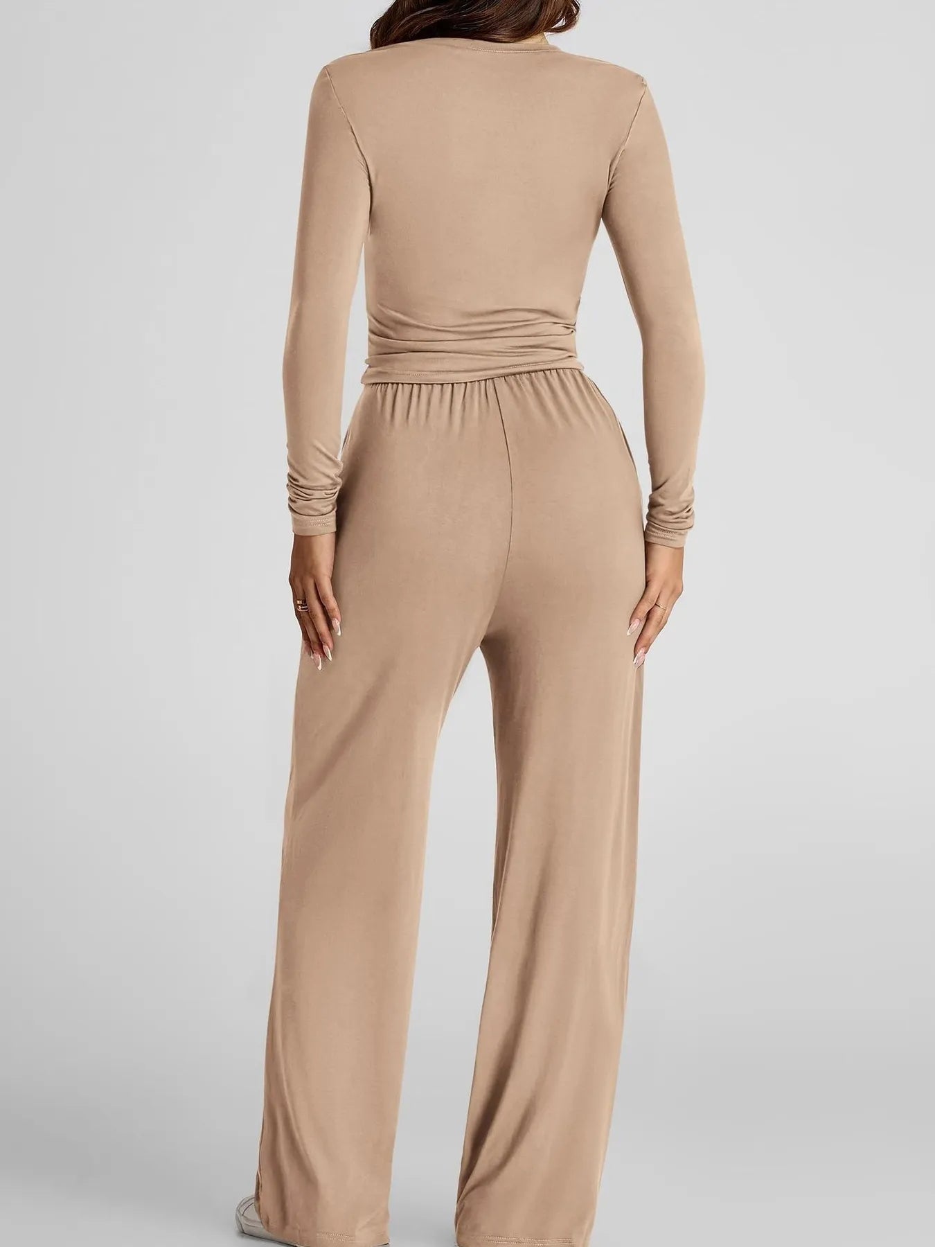Round Neck Long Sleeve Top and Pants Set Secondary image